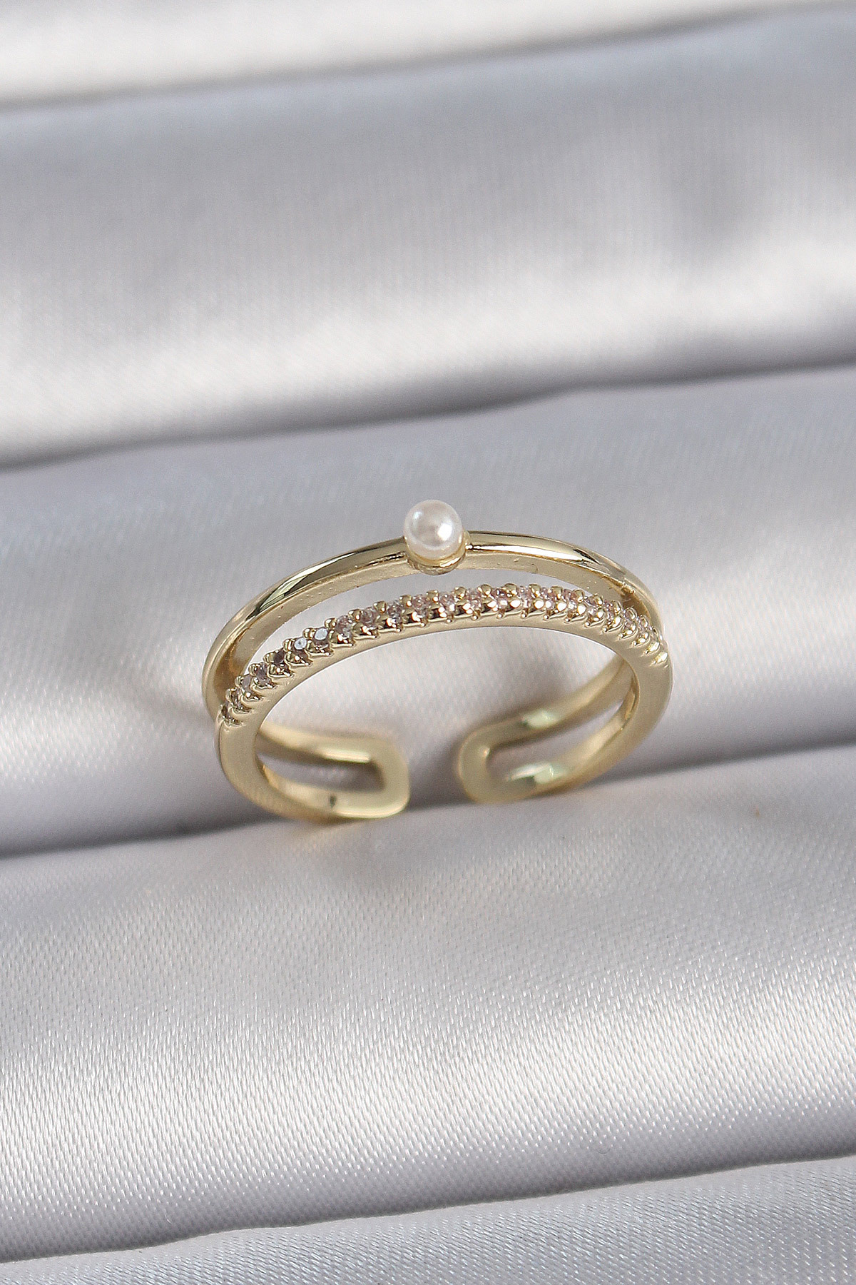 Skygo-Brass Gold Color Zircon Stone Pearl Detail Adjustable Model Women's Ring - Tj-Byk3370 1