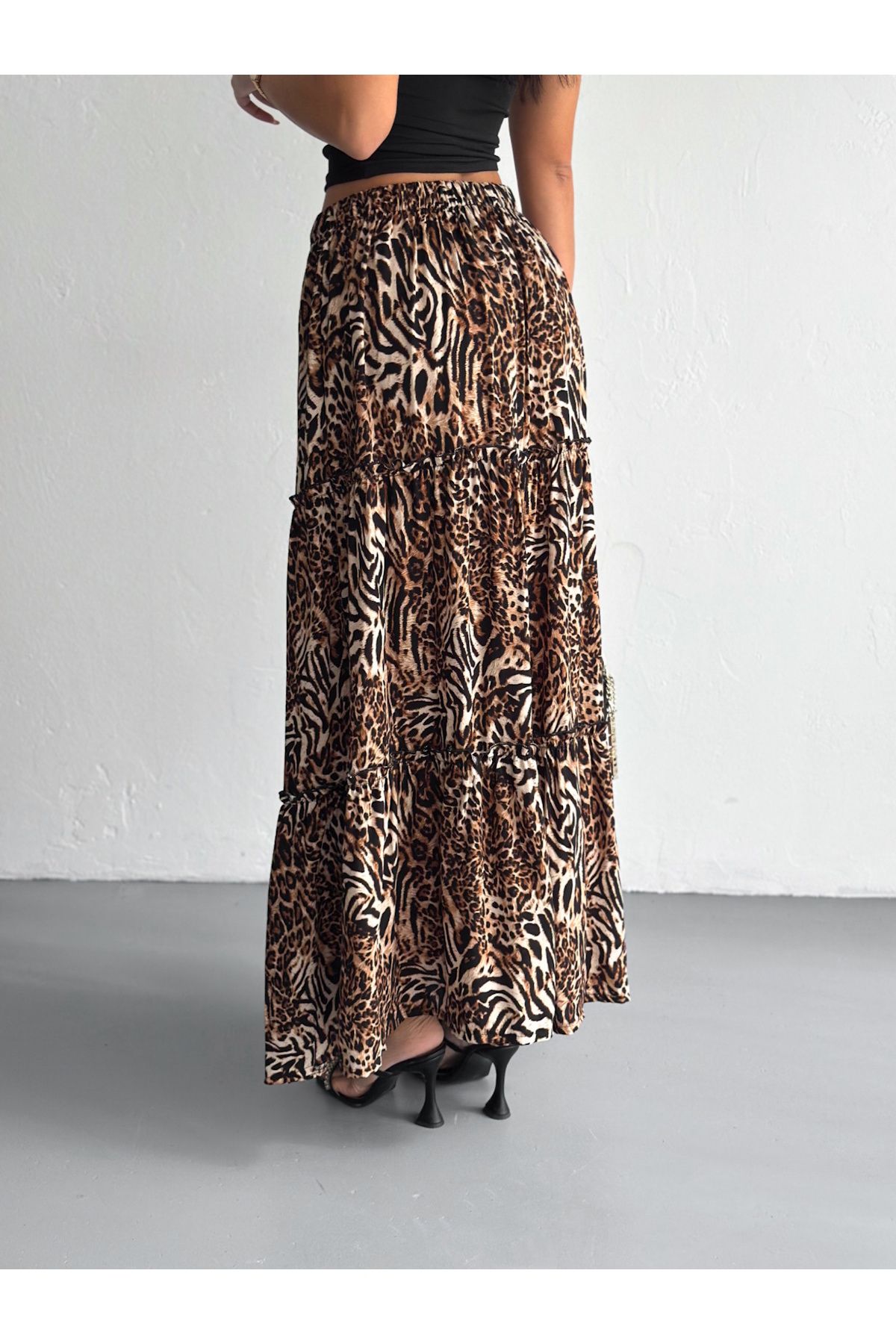 YUSUF CAN KARATAŞ KARATAŞ GİYİM-Femei Dimensiune Plus Leopard Model Talie Elastică Volană Tesut Tesut Fusta Lungă Lungime 100 Cm 6