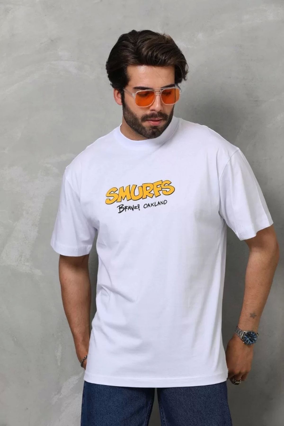 CVS Unisex Bisiklet Yaka Baskılı Oversize T-Shirt - Beyaz
