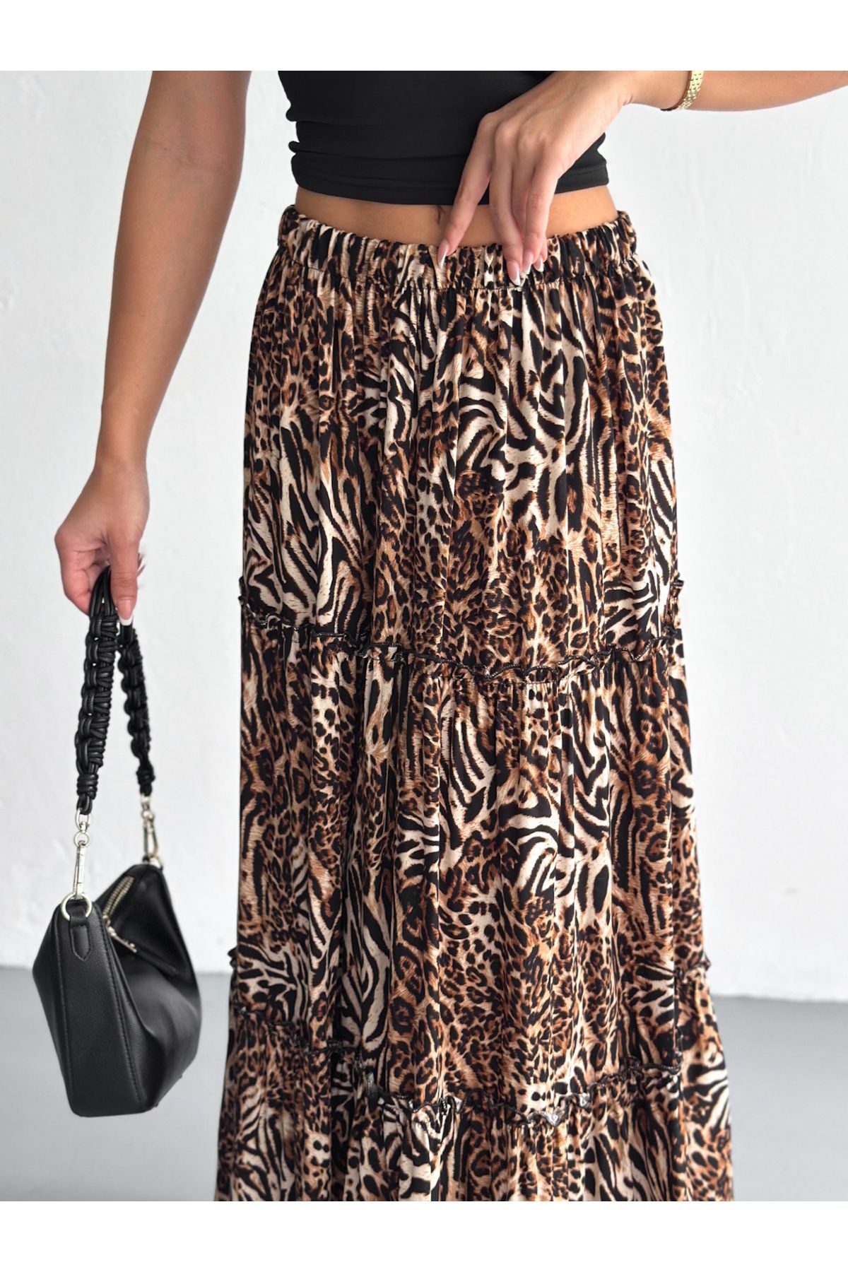 YUSUF CAN KARATAŞ KARATAŞ GİYİM-Femei Dimensiune Plus Leopard Model Talie Elastică Volană Tesut Tesut Fusta Lungă Lungime 100 Cm 4