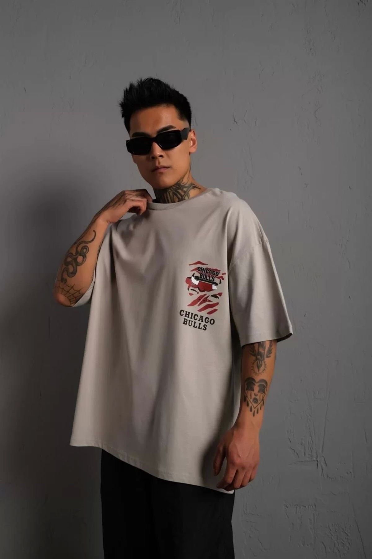 CVS Erkek Sırt Baskılı A Kalite Oversize T-shirt - Gri