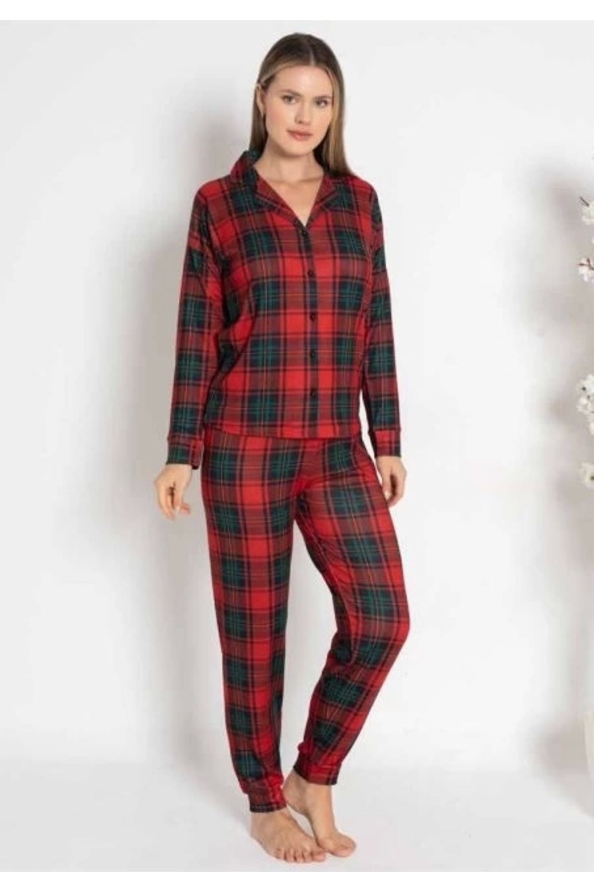 FTT SHOPPING MARKET Estiva 24494 Termal Önü Düğmeli Ekoseli Pijama Takımı