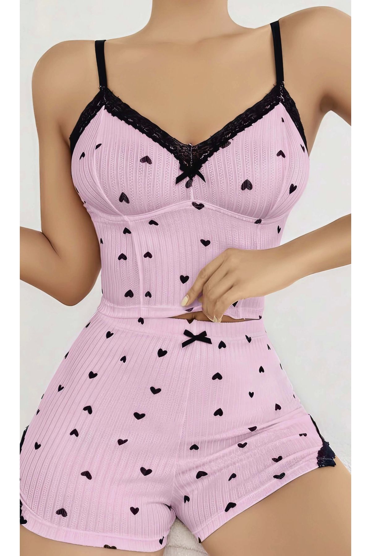 FTT SHOPPING MARKET Kadın Pembe Kalp Desenli Askılı Şortlu Pijama Takım