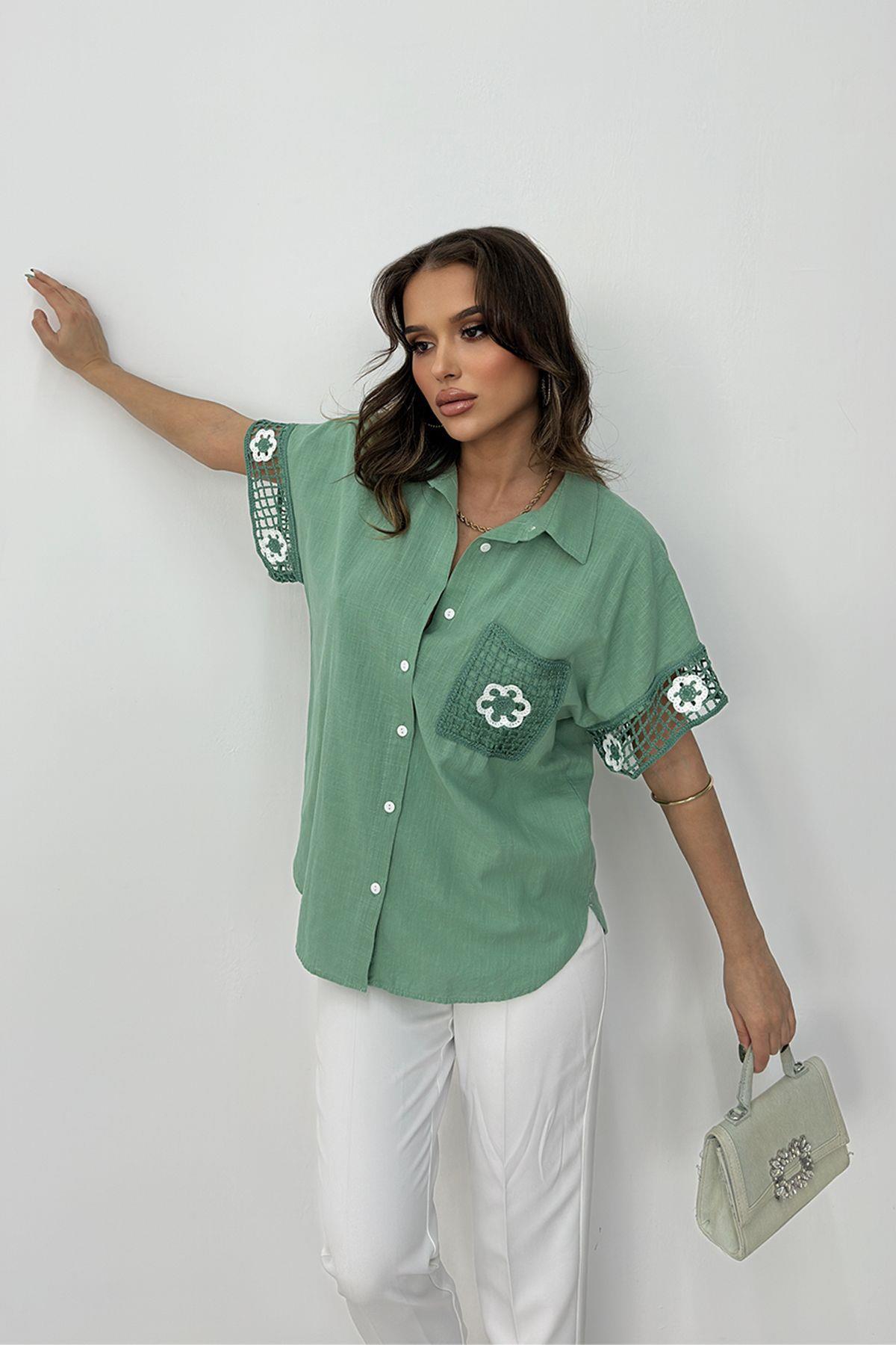 RB CLUB  Kadın Çiçek Dantel İşleme Detaylı Keten Gömlek - Görsel 6