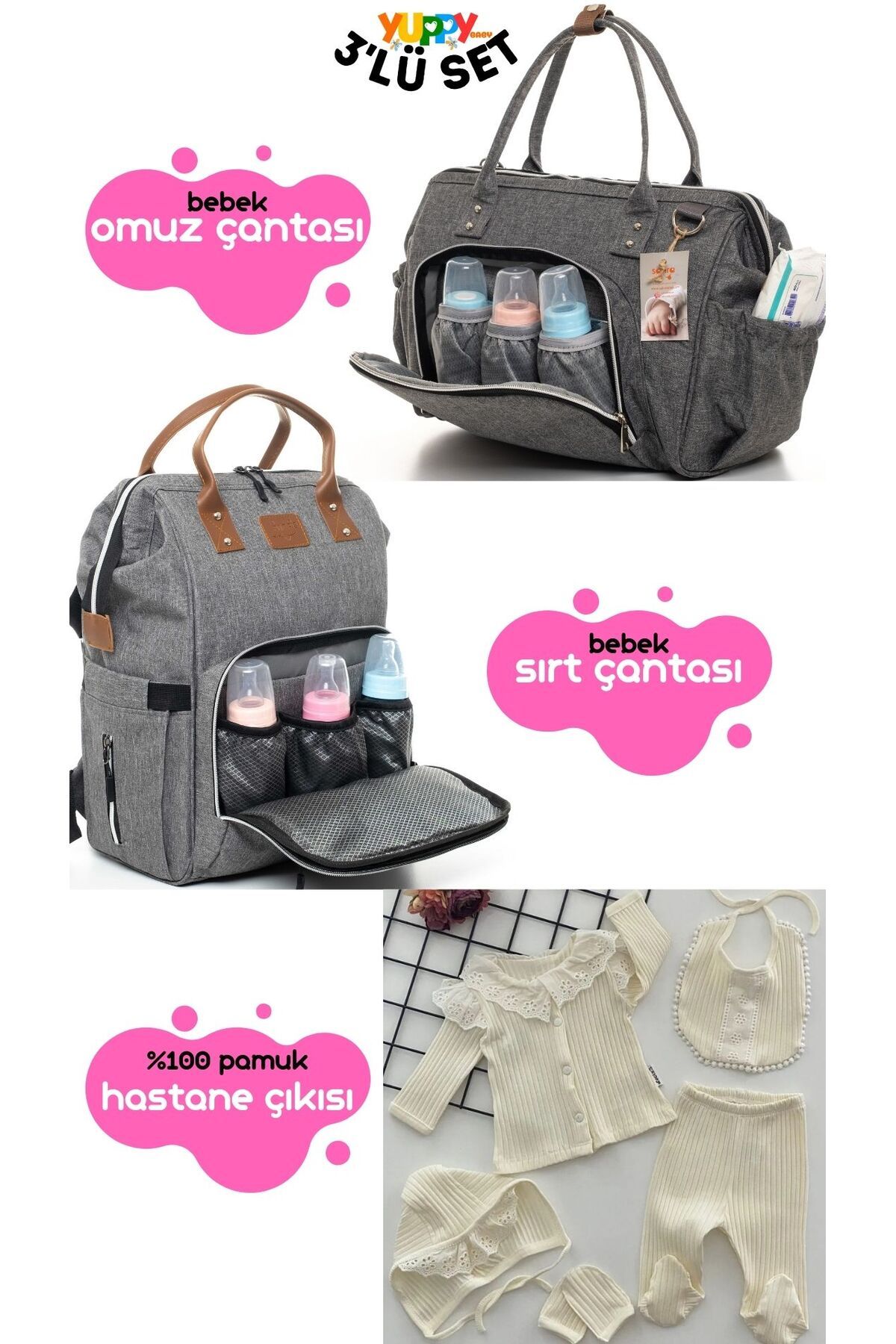 NECİXX-3-Piece Birth Set (Cotton Hospital Outlet, Stain-Proof Waterproof Baby Care Backpack and Shoulder Bag) 1