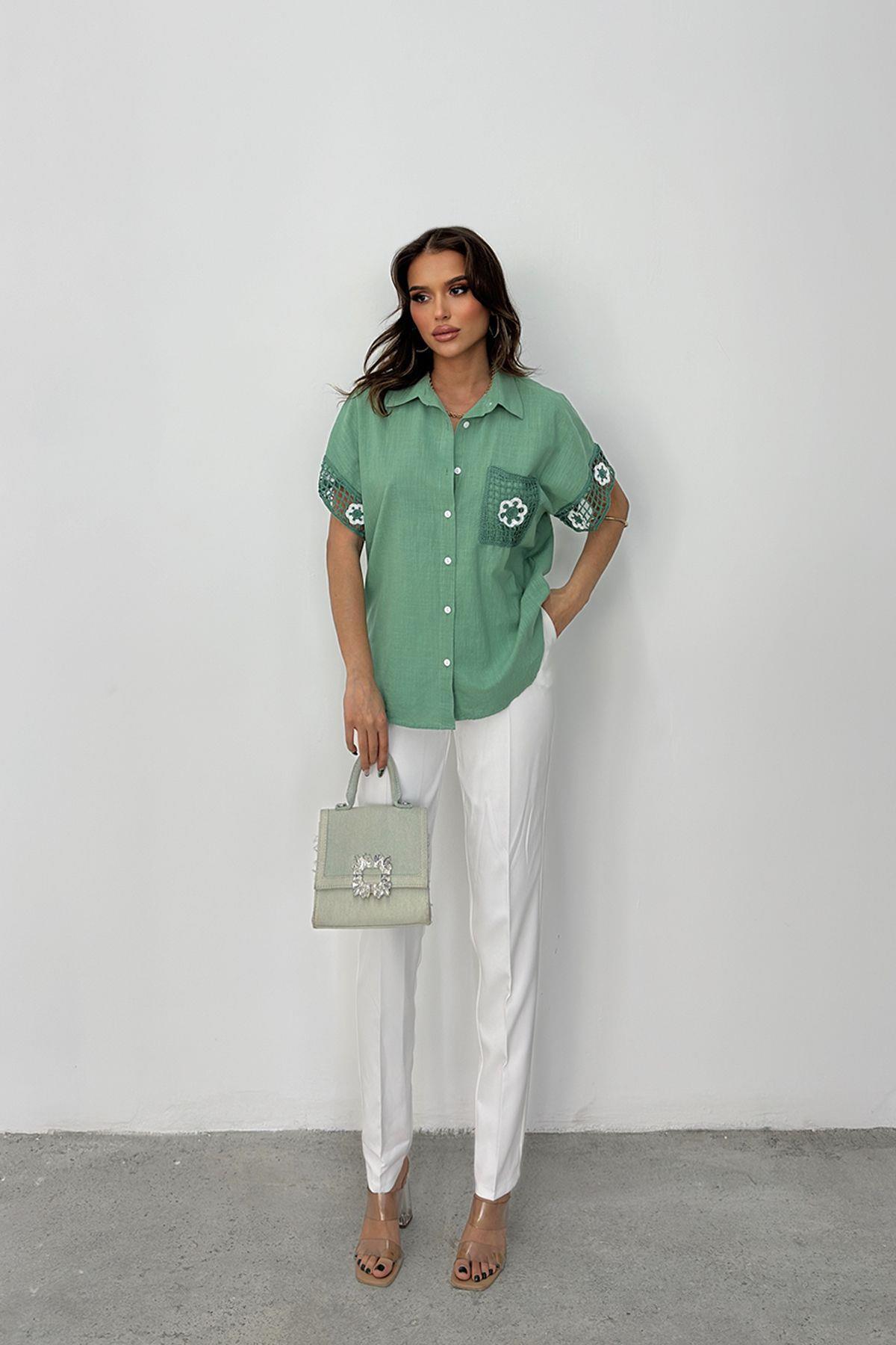 RB CLUB  Kadın Çiçek Dantel İşleme Detaylı Keten Gömlek - Görsel 2