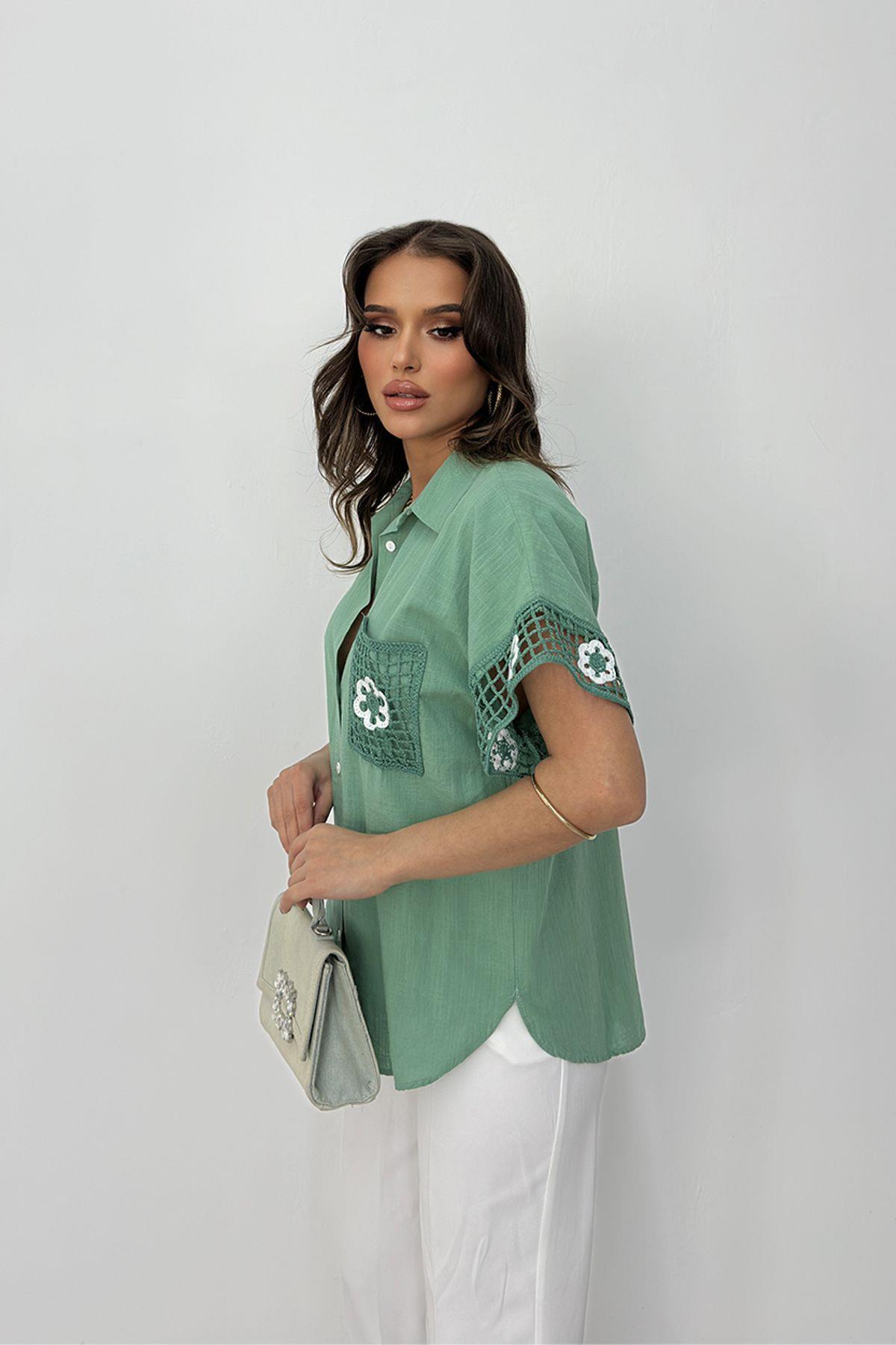 RB CLUB  Kadın Çiçek Dantel İşleme Detaylı Keten Gömlek - Görsel 5