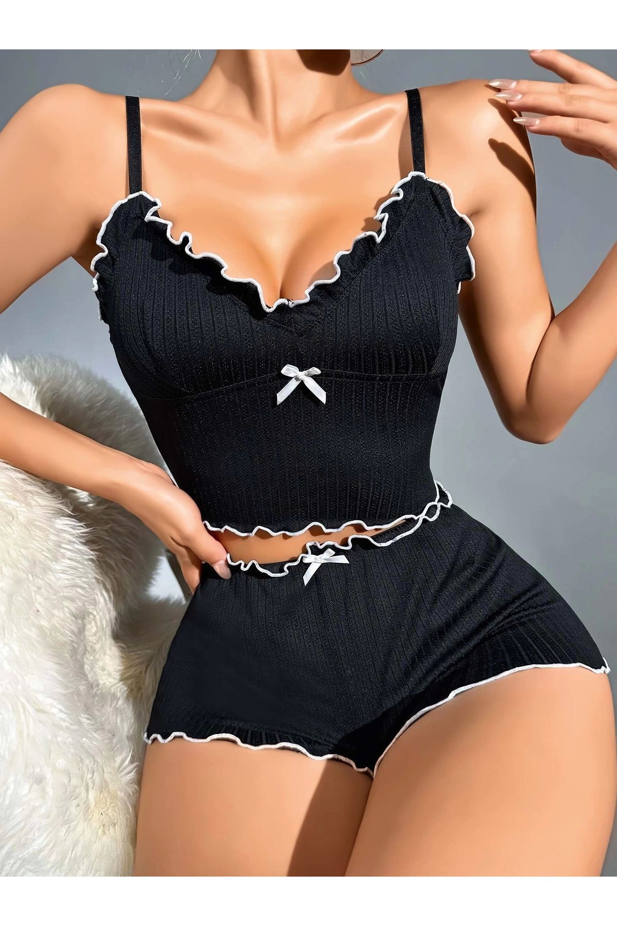 FTT SHOPPING MARKET Kadın Siyah Fitilli Askılı Şortlu Pijama Takım