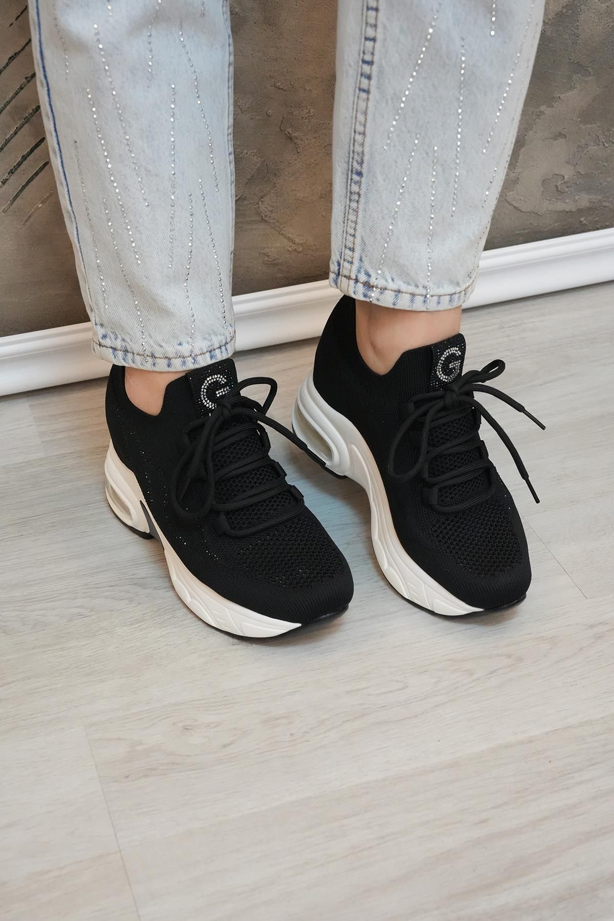 Guja-Nancy Guja Imported Special Series Internal Secret Filling Side Stone Detail Knitwear Women's Sports Shoes Black 3