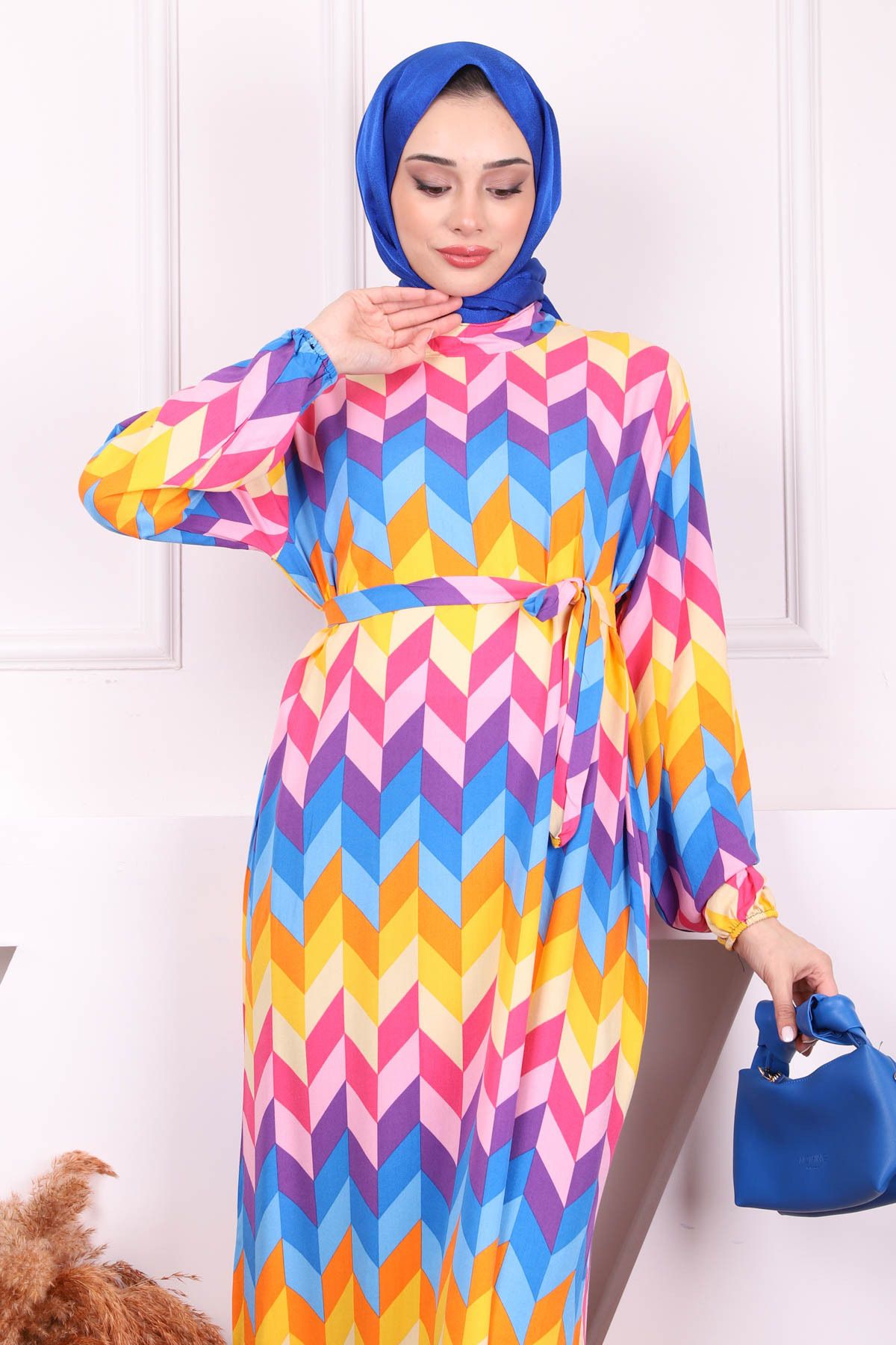 İmajButik-تنورة منقوشة باللون الأزرق من ساكس باللون الأصفر فستان فيسكون ذو طبقات 3