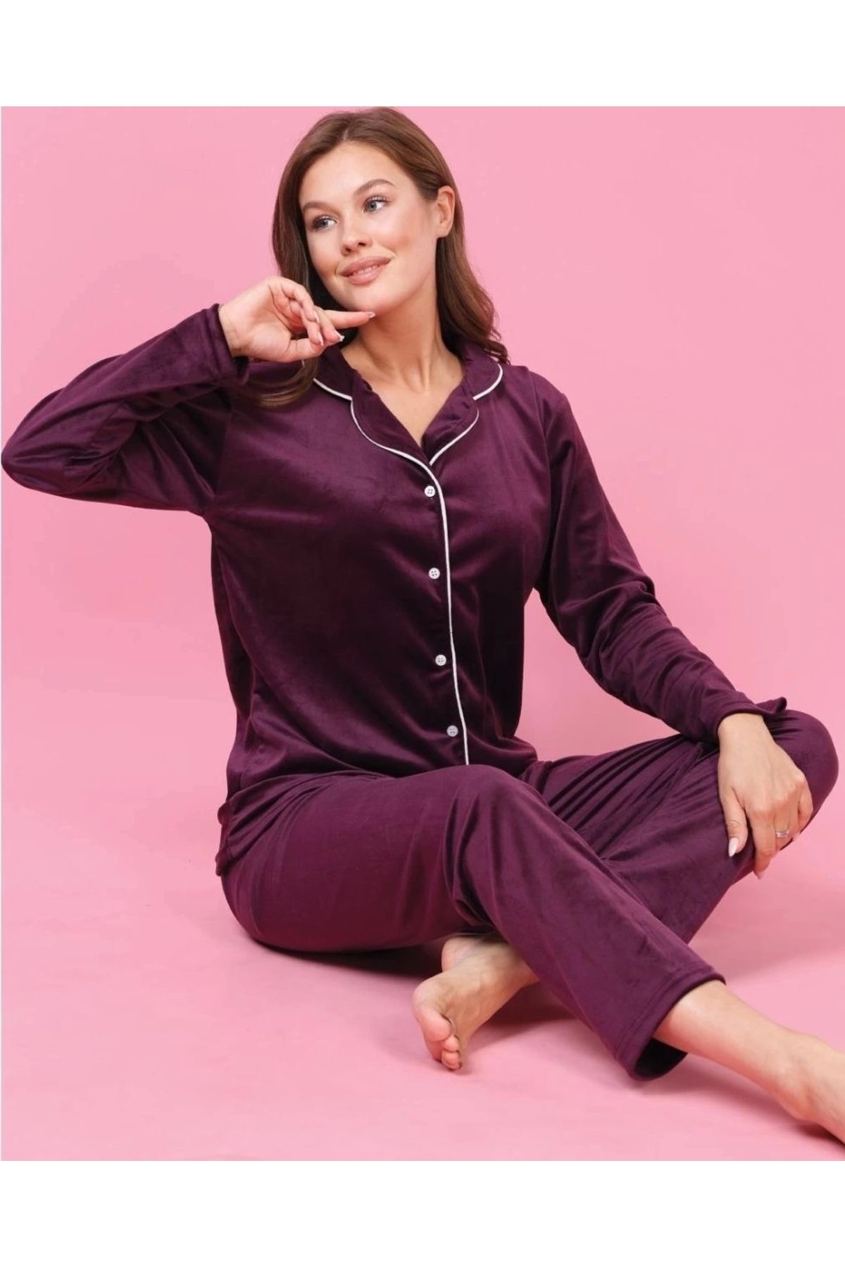 FTT SHOPPING MARKET Good Night 2550-6 Kadın Kadife Önden Düğmeli Pijama Takımı