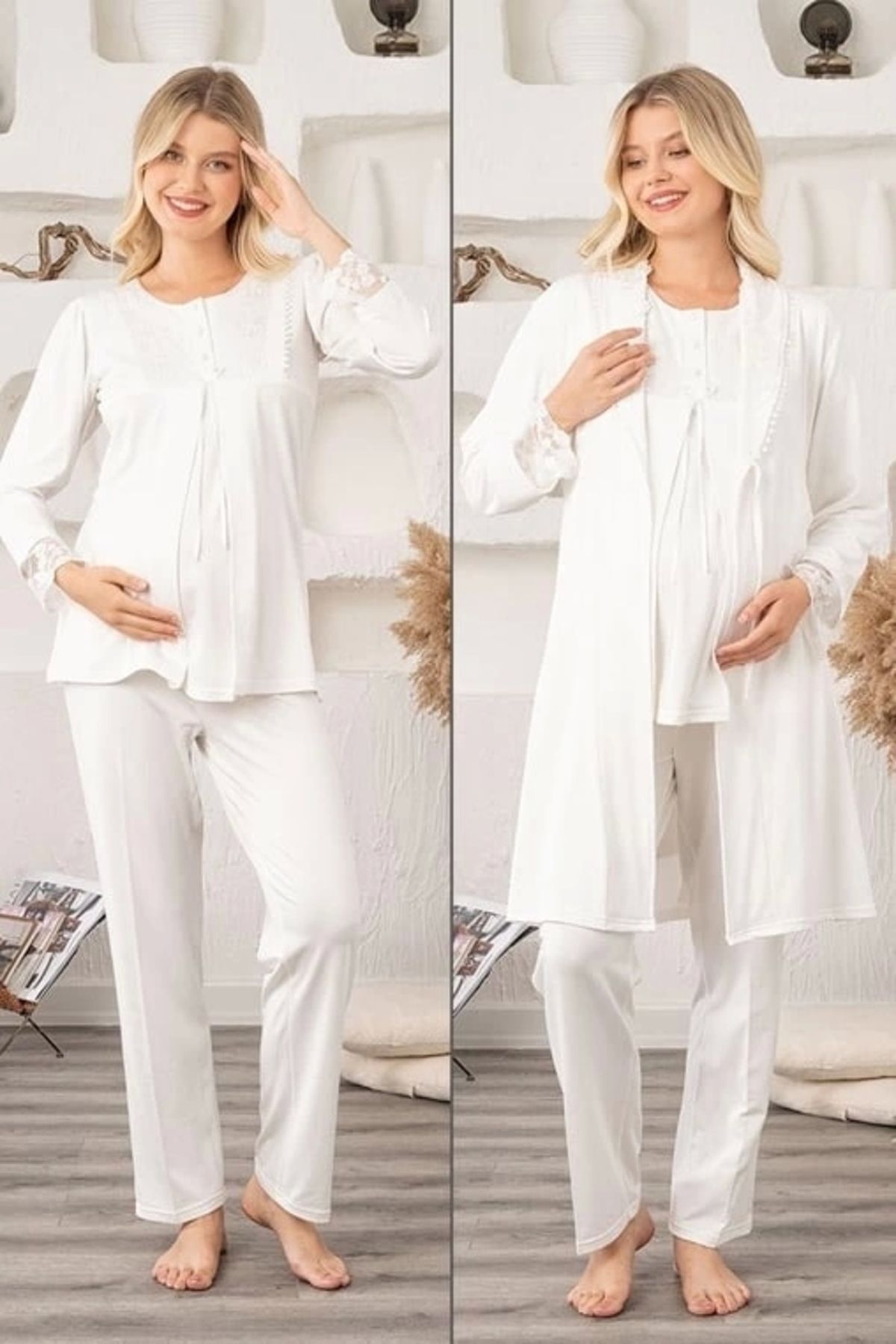 FTT SHOPPING MARKET Bone 5905 Kadın Lohusa Viskon Klasik 3'lü Pijama Takımı