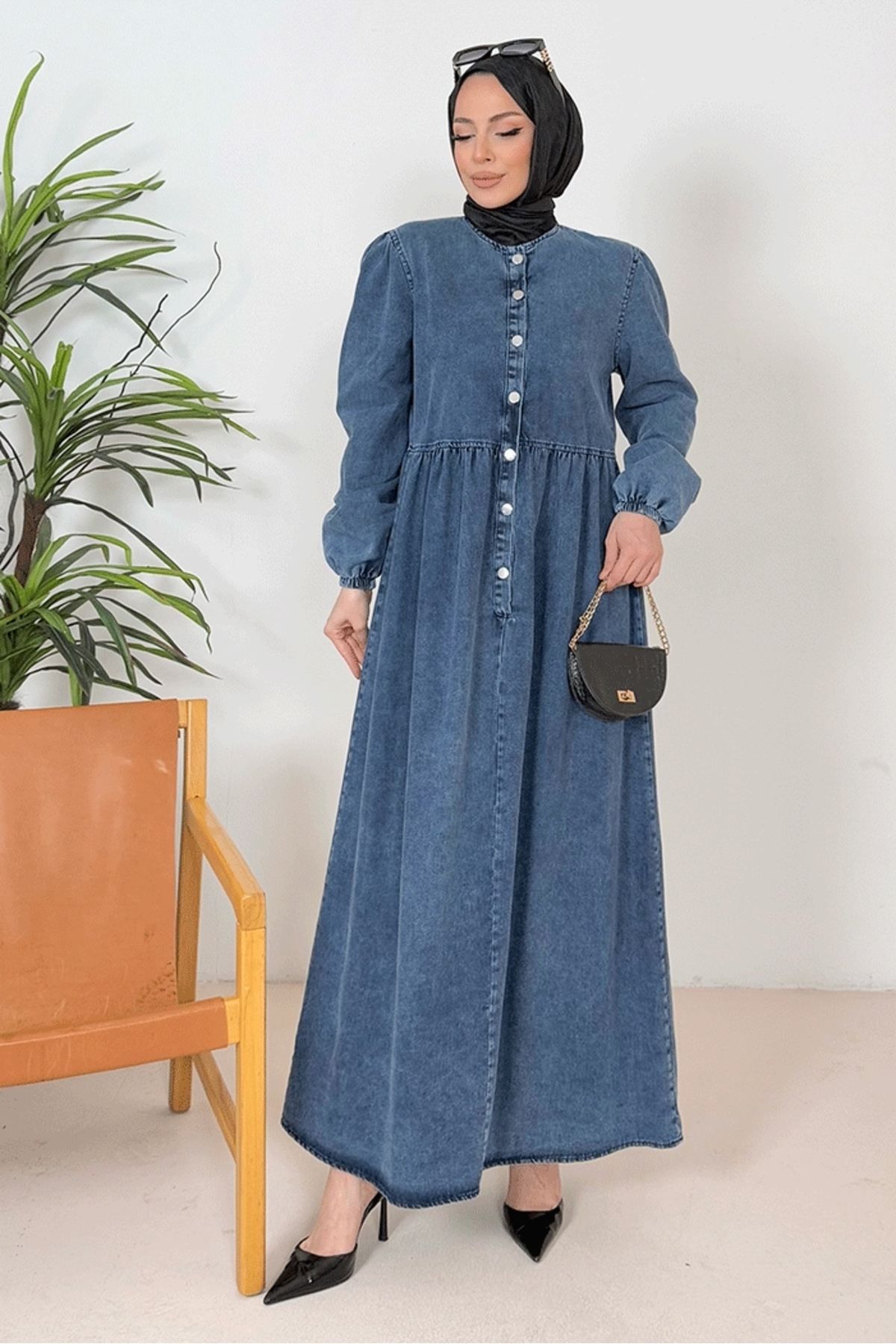 Bestenur Anter Buttoned Denim Dress 1389 - Blue