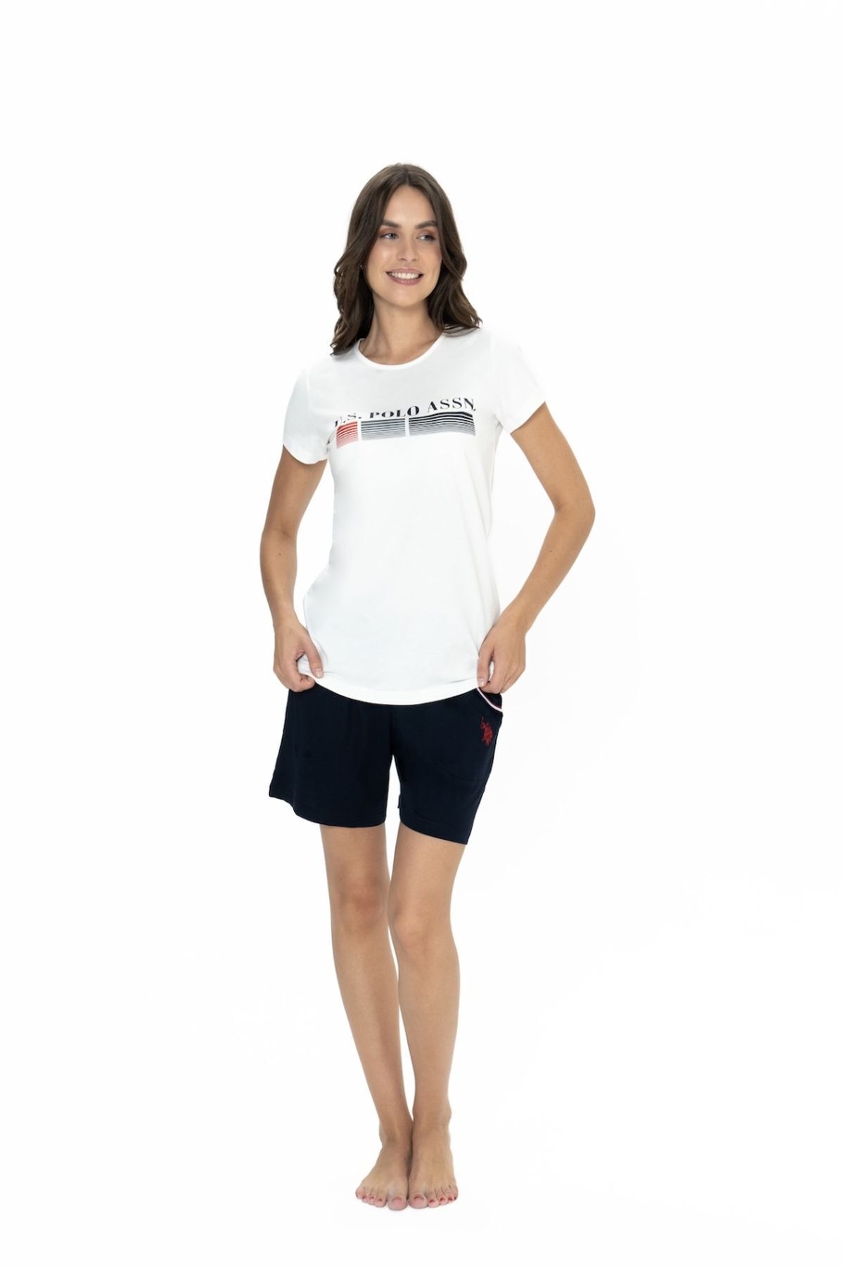 U.S. Polo Assn.-U.S. Polo Assn. 20004 Women's Ecru Short Sleeve Round Neck Shorts Set 3