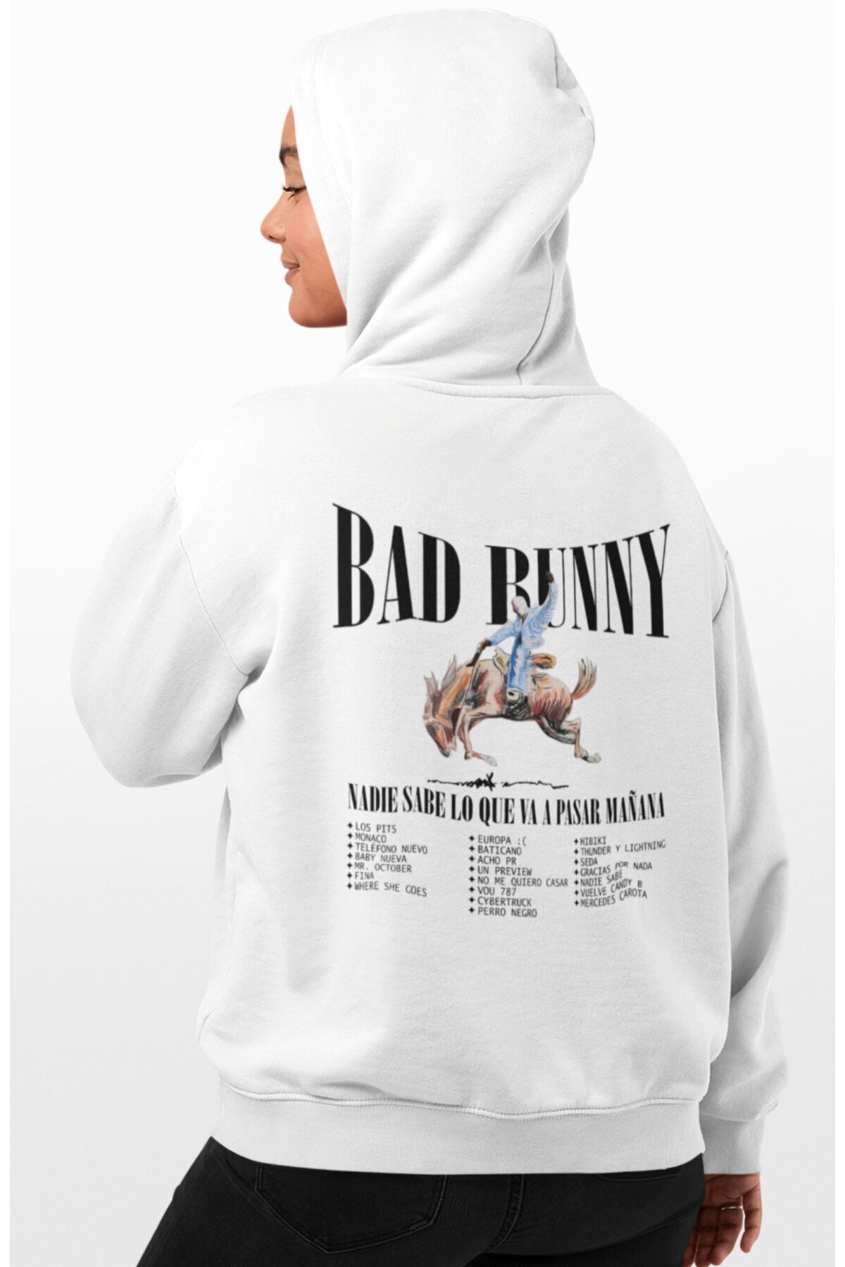 Fuddy Moda-Φούτερ με κουκούλα με στάμπα Bad Bunny Back, Unisex Rapper Hoodie 3