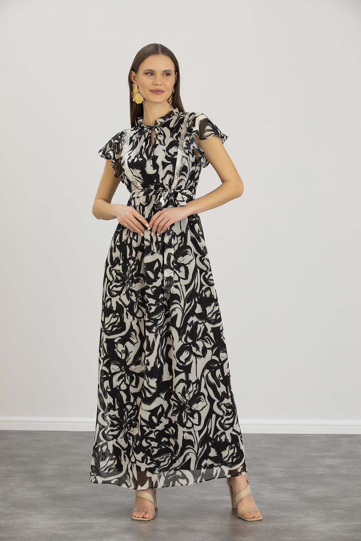 Işşıl-IŞIL E0019-Pleated Pregnant Collar Chiffon Gilet Dress 2