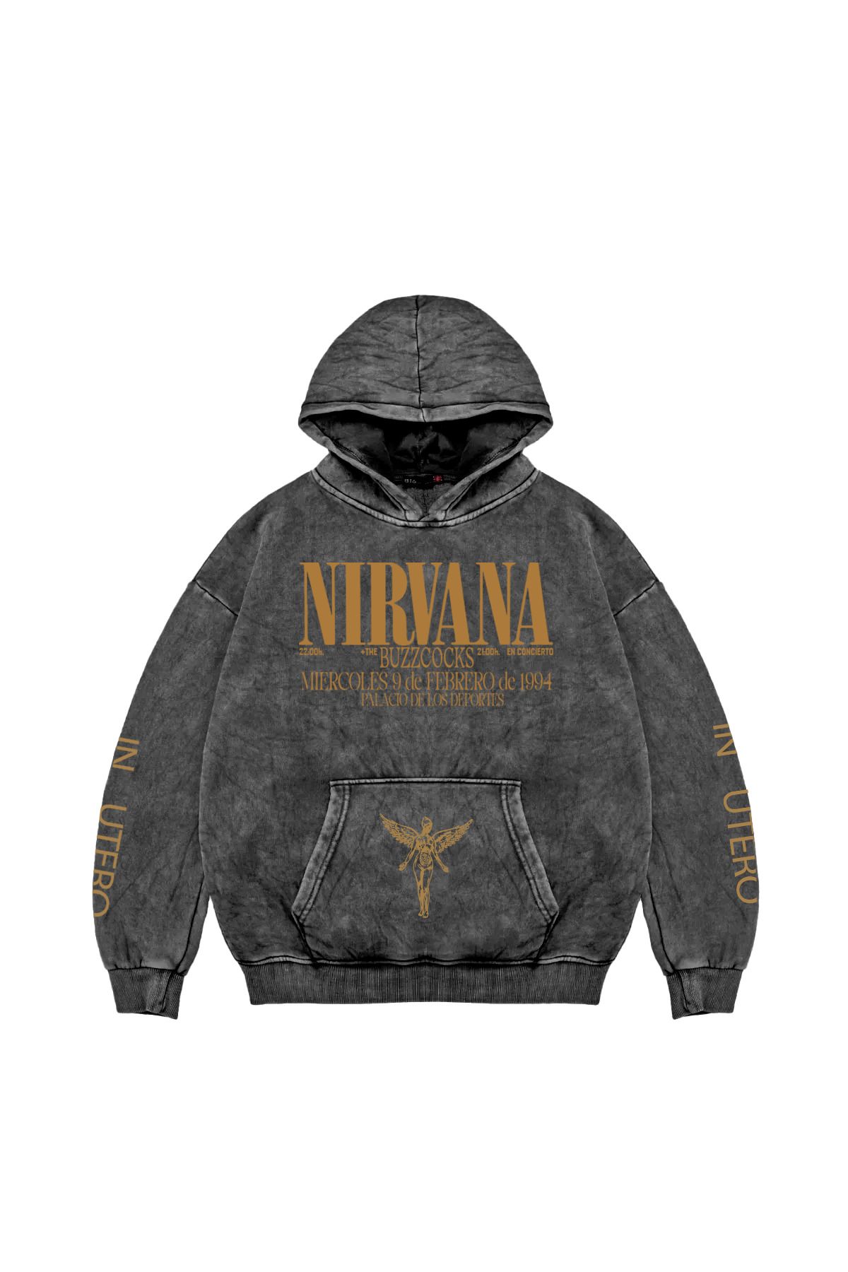 Sekizbiraltı-Hanorac supradimensionat unisex cu imprimeu spate Nirvana negru lavabil 1