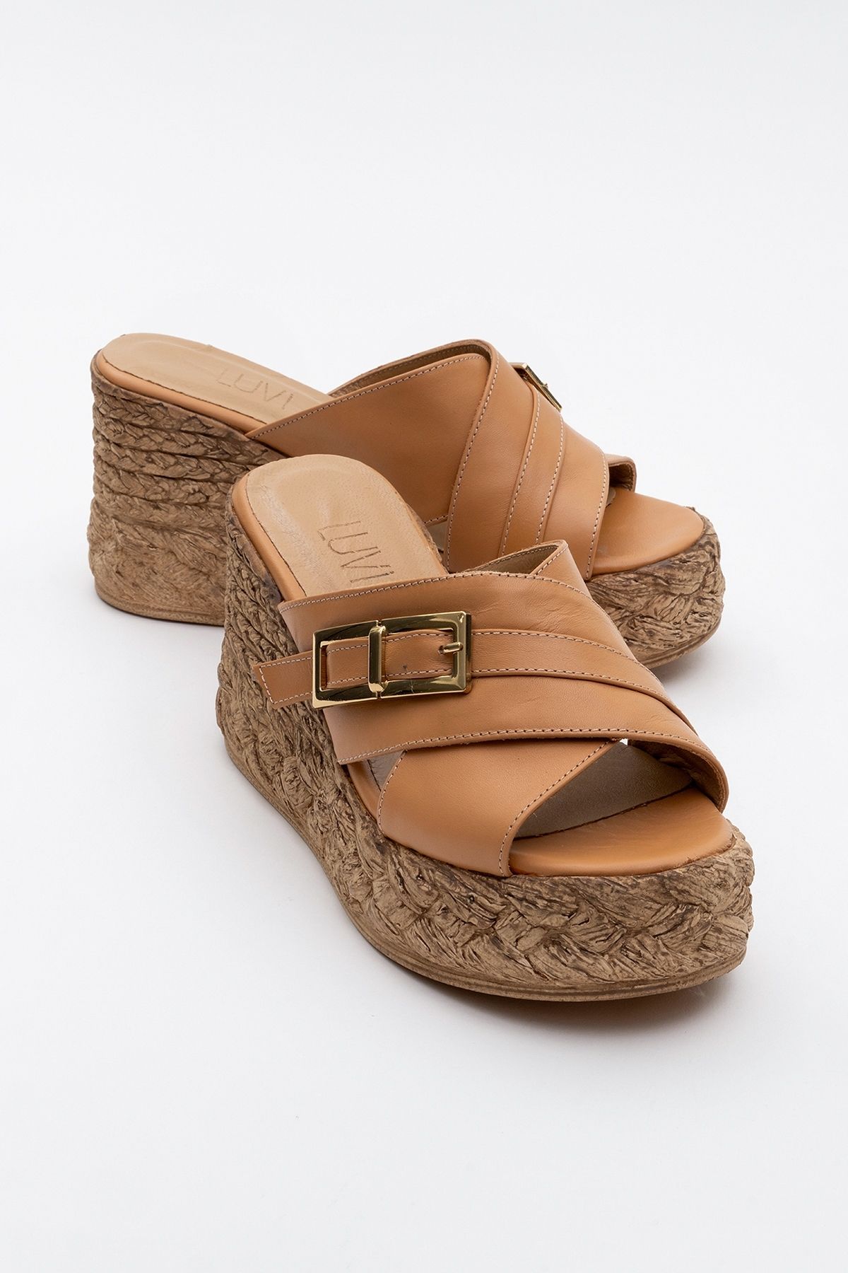 دمپایی پاشنه دار گوه ای زنانه چرم طبیعی پوست برنزه PALMAS luvishoes