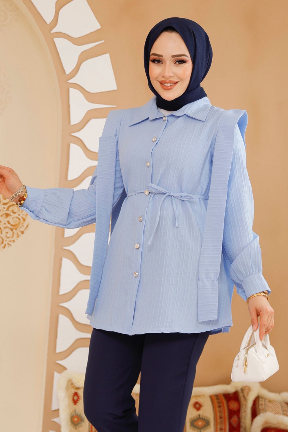Neva Style-Baby Blue Hijab Tunic with Belted Shoulders 10131Bm 3