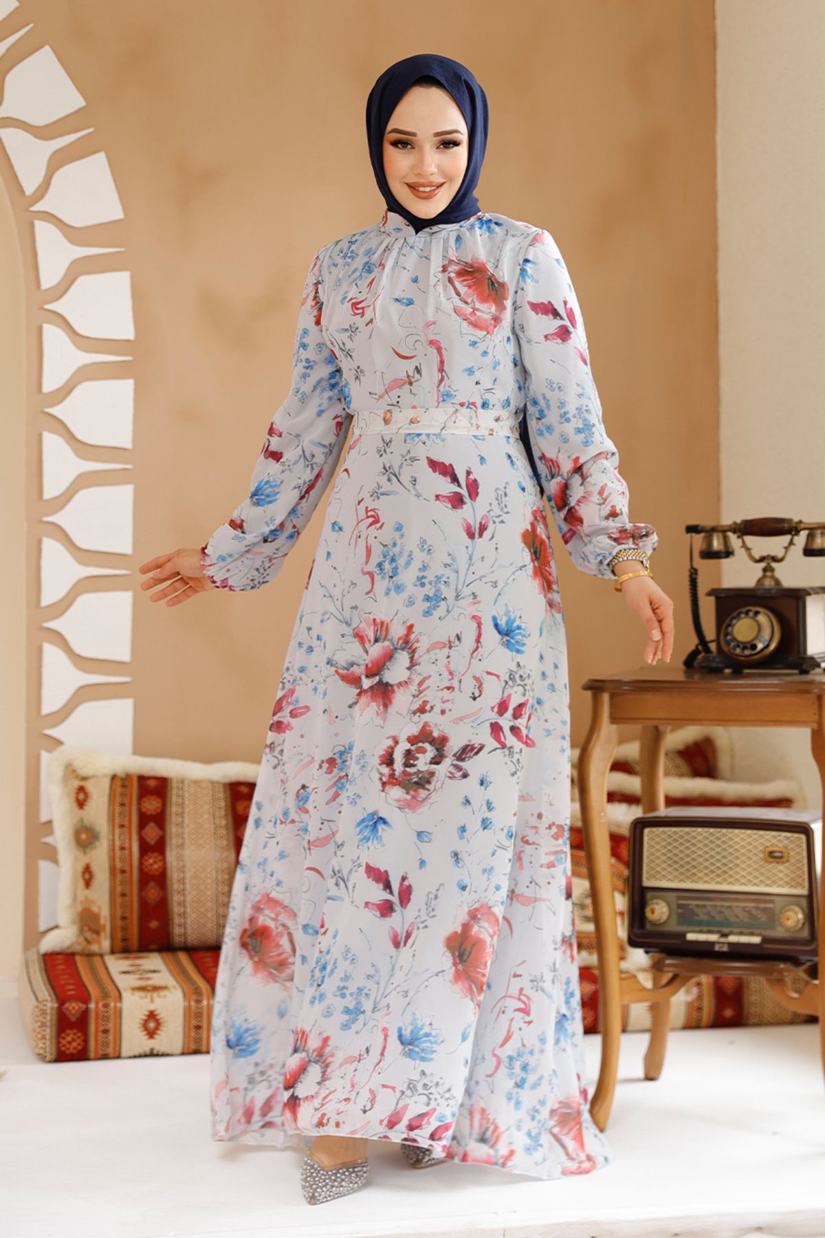 Neva Style-Floral Patterned Gray Hijab Dress 27963Gr 3