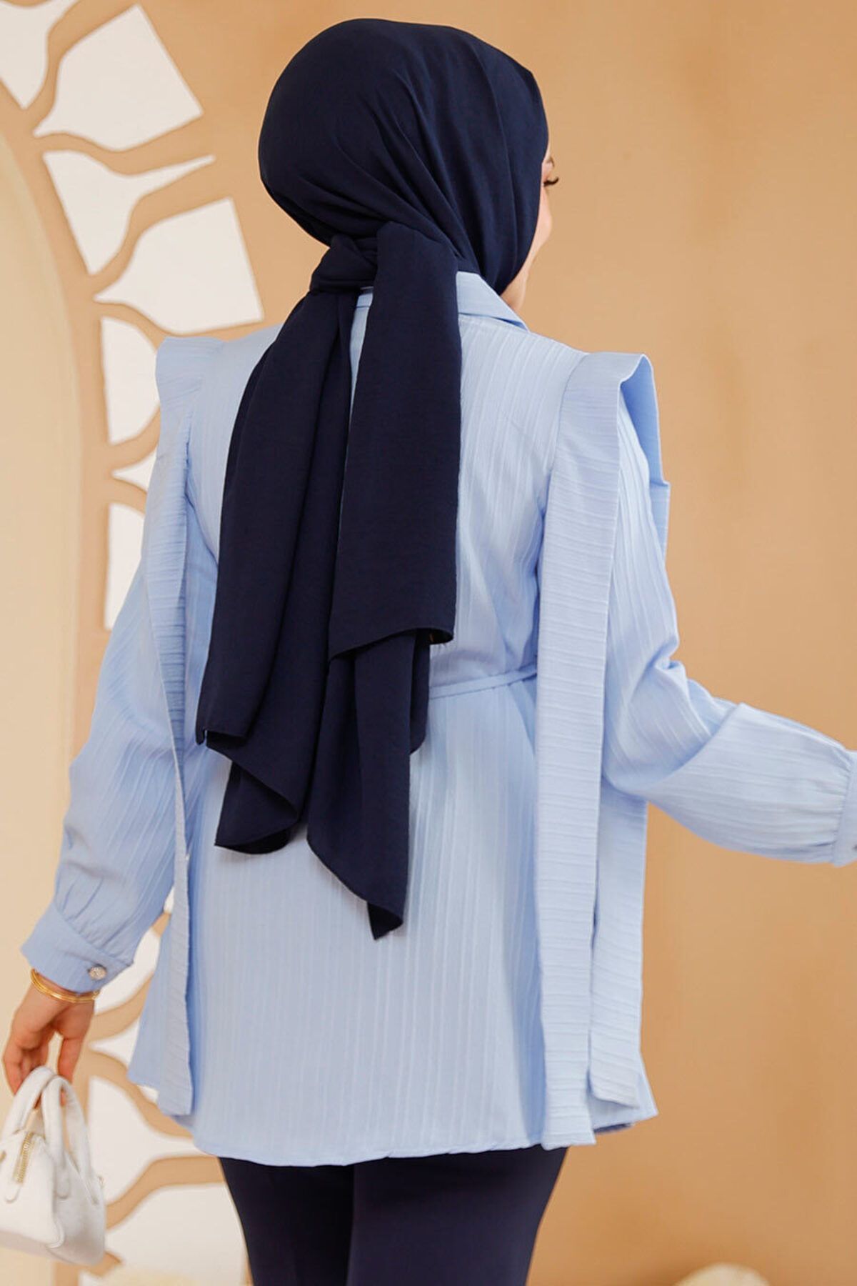 Neva Style-Baby Blue Hijab Tunic with Belted Shoulders 10131Bm 4