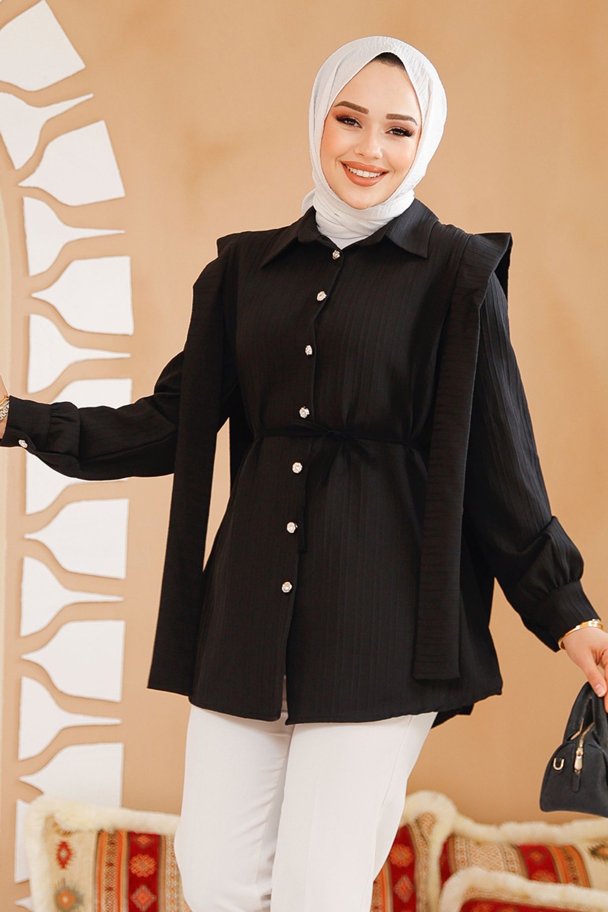 Neva Style-Tunica neagra hijab cu detaliu brâu pe umeri 10131S 1