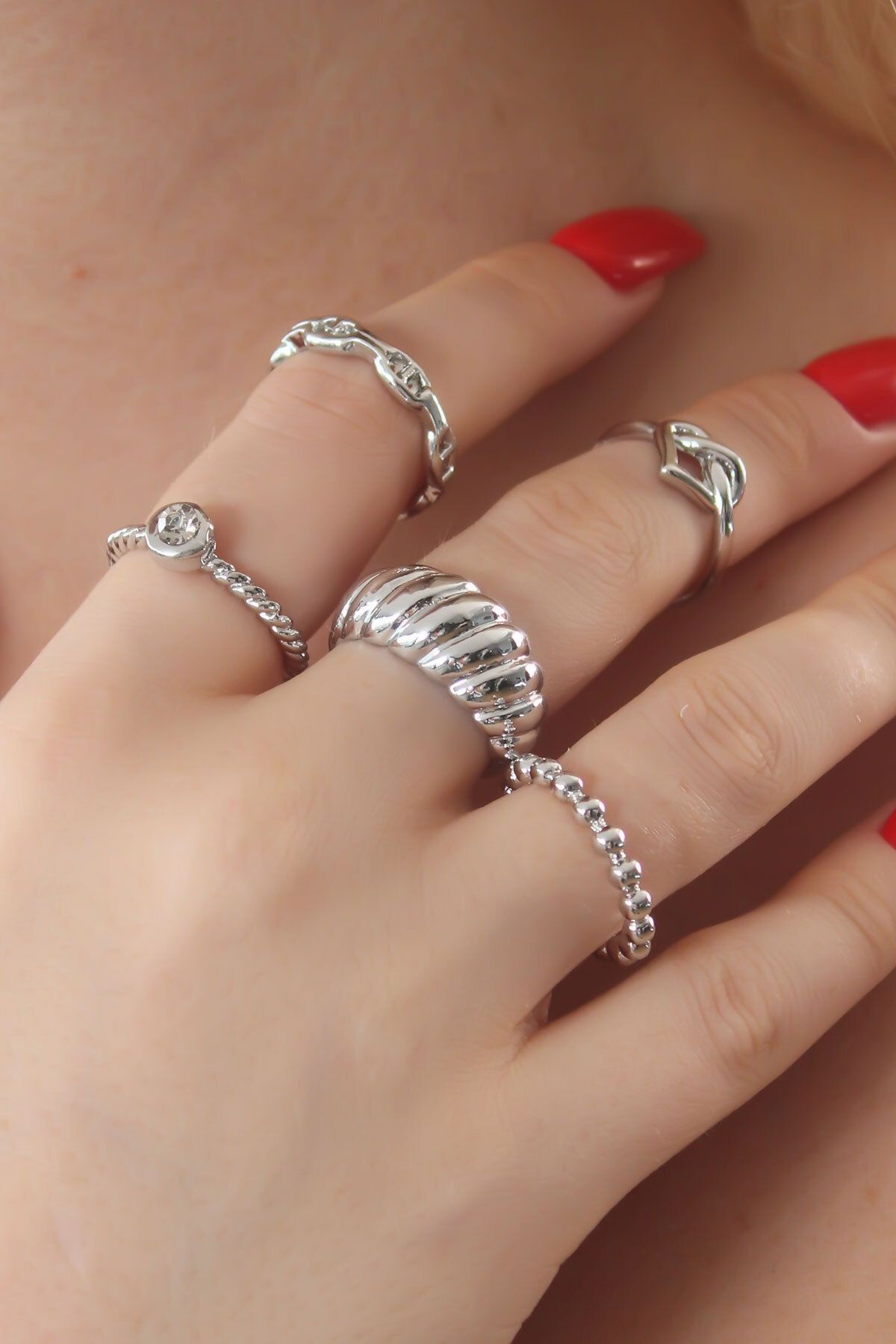 BZK ACCESSORİES Gümüş Renk Kalp Figür Sarmal Model Zirkon Taşlı Yüzük Kombin