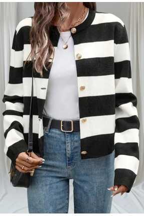 KOZİA OUTDOORS malkoçbey Siyah triko Şeritli crop  Hırka