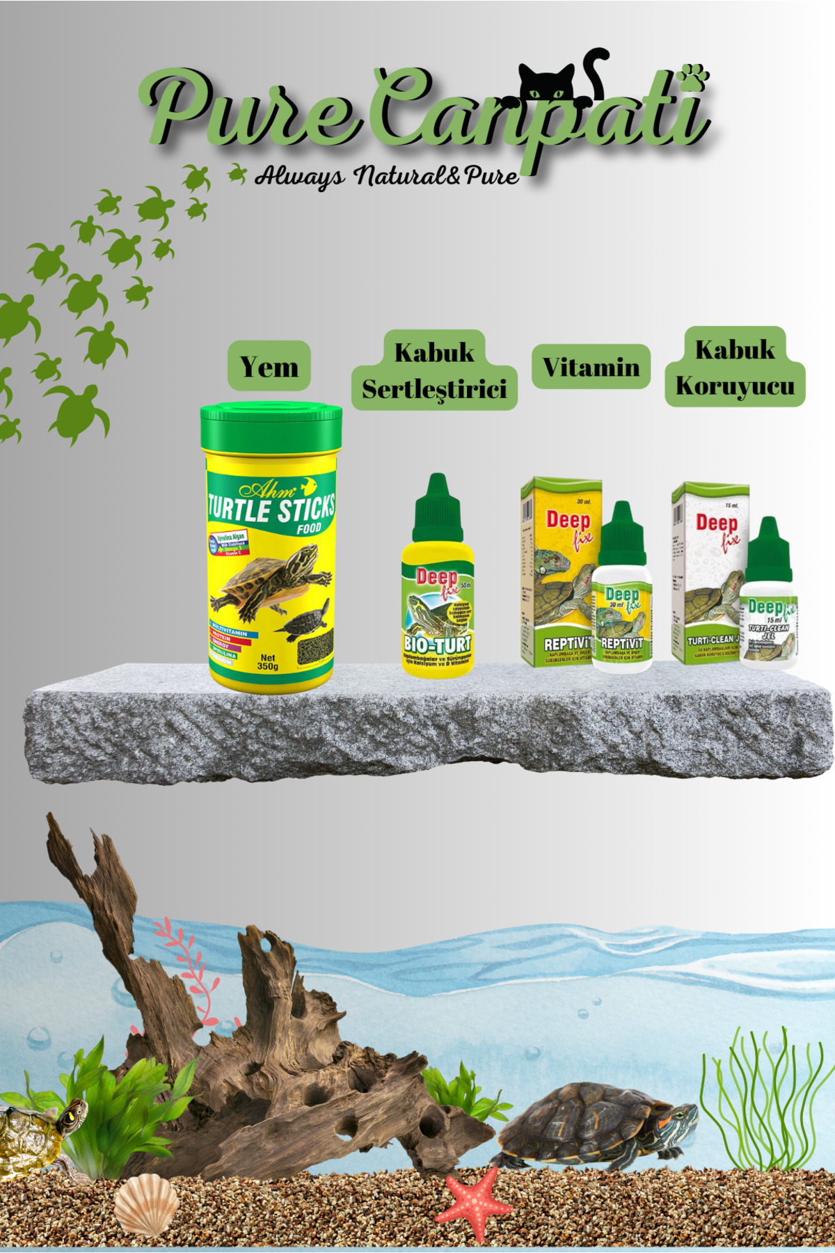 PureCanpati Kaplumbağa Bakım Ve Stick Yem Seti(Vitamin,Kabuk ve Su Düzenleyici)