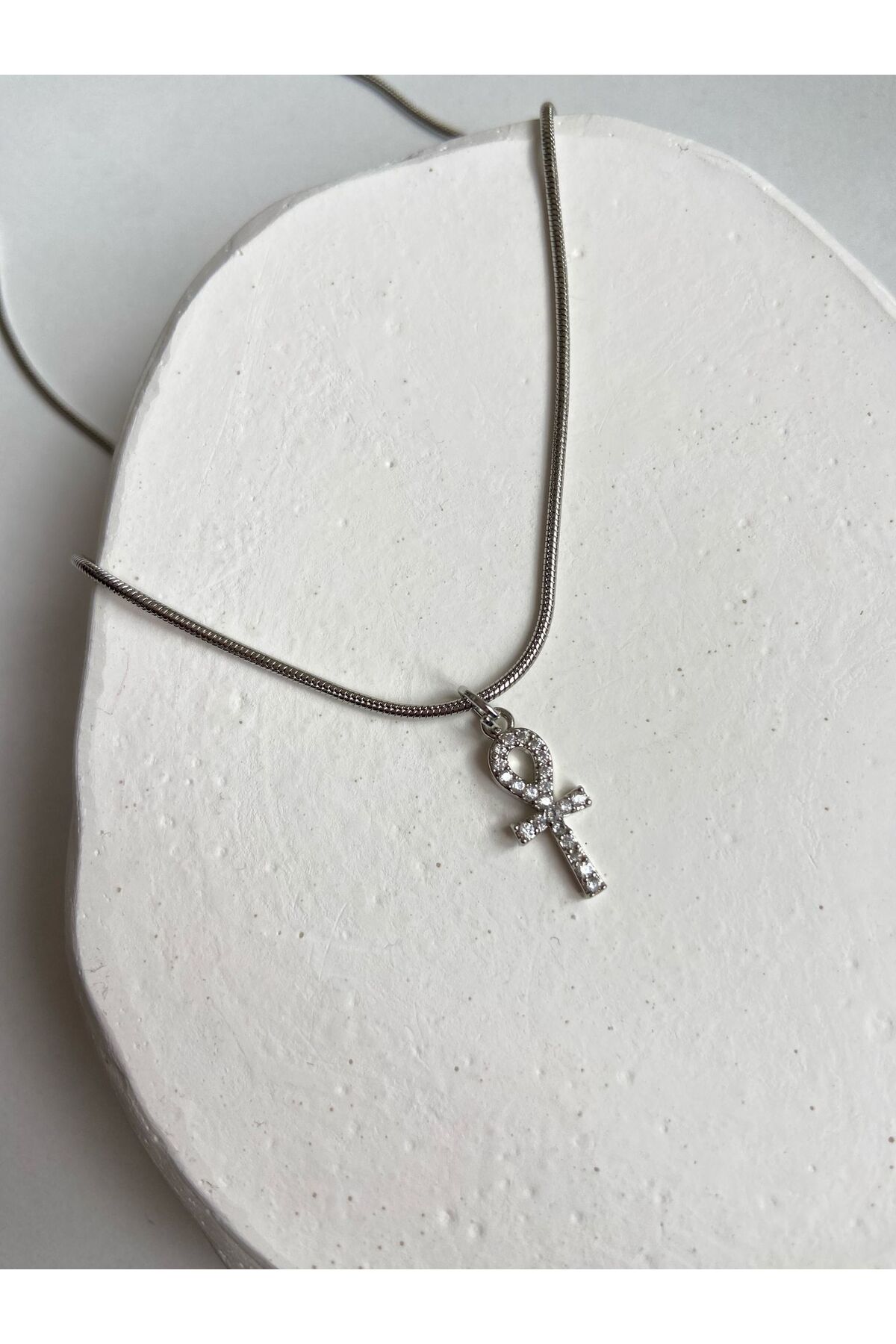 Gümüş Ankh Charm Yılan Zincir 45 Cm Çelik Kolye
