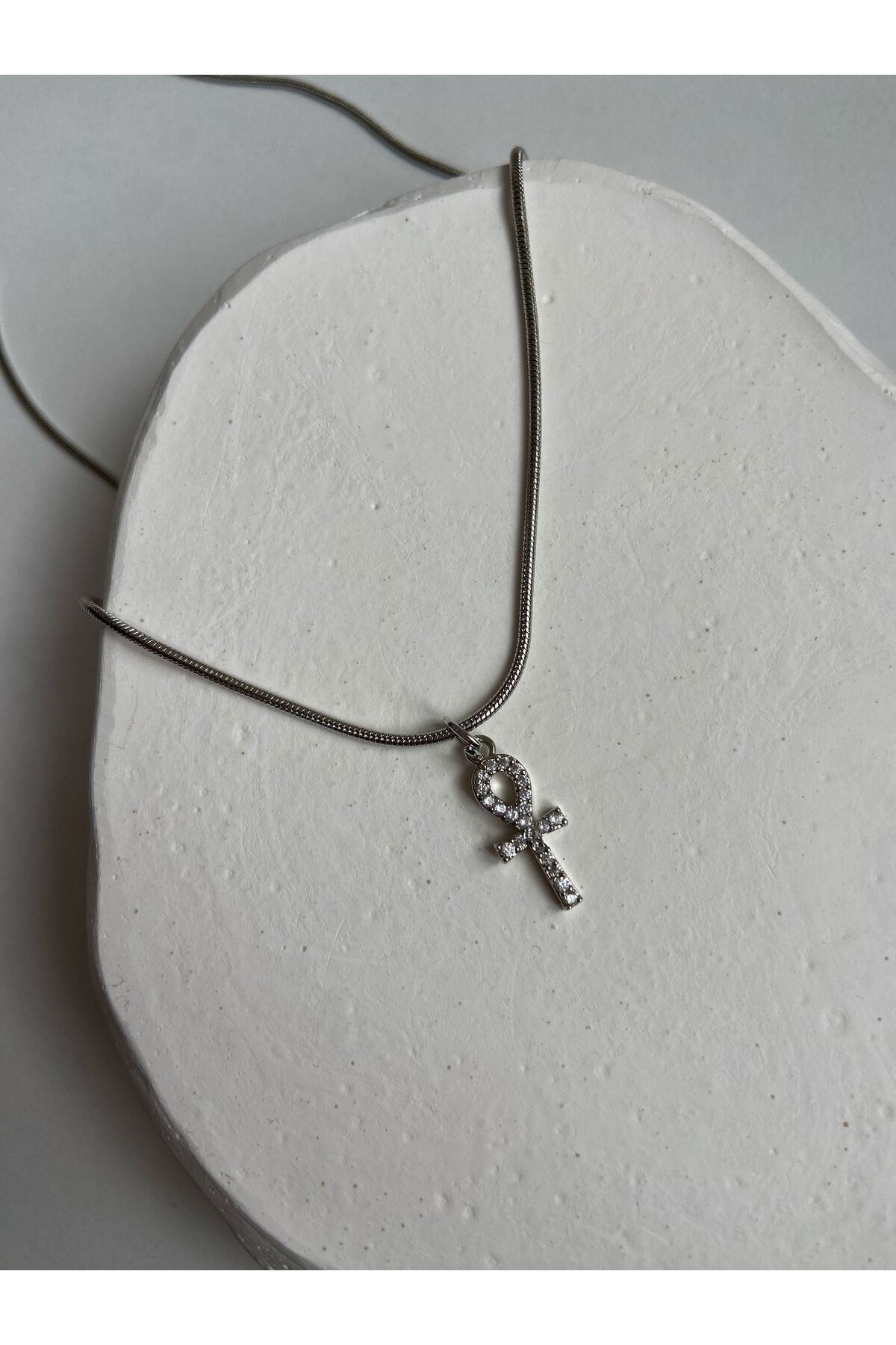 Gümüş Ankh Charm Yılan Zincir 45 Cm Çelik Kolye - Detay Görseli 1