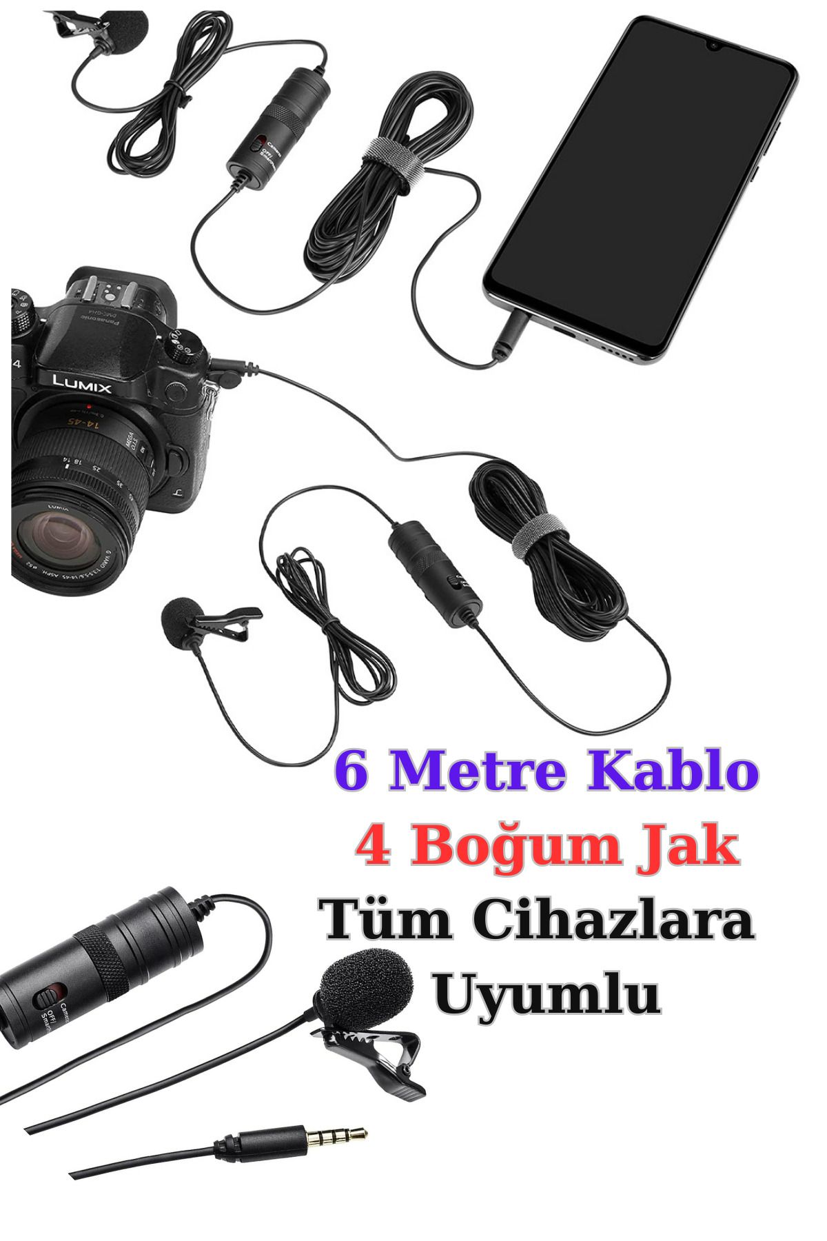 6 Metre Kablolu Profesyonel Youtuber Yaka Mikrofonu-Gürültü Engellme Tüm Cihazlara Uyumlu