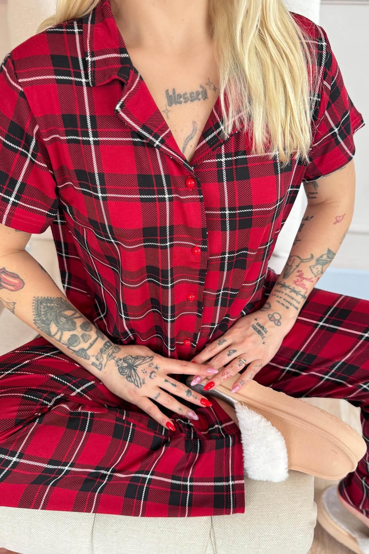Pijamaevi-Red Striped Patterned Bamboo Front Buttoned Short Sleeve Pajama Set 5