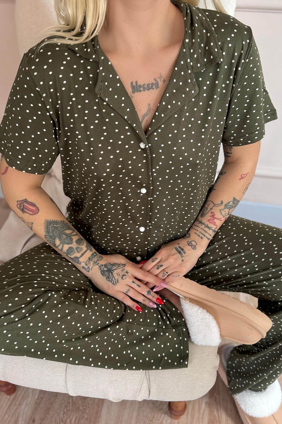Pijamaevi-Khaki Royal Dots Patterned Bamboo Front Buttoned Short Sleeve Pajama Set 5