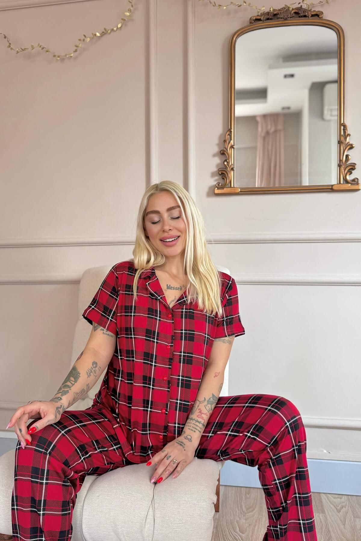Pijamaevi-Red Striped Patterned Bamboo Front Buttoned Short Sleeve Pajama Set 3