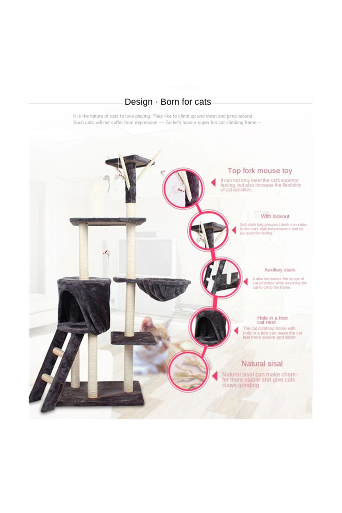 KidLe-Cat Tree Cat Scratching Post Cat Play Sleep Cat Climbing Frame 5