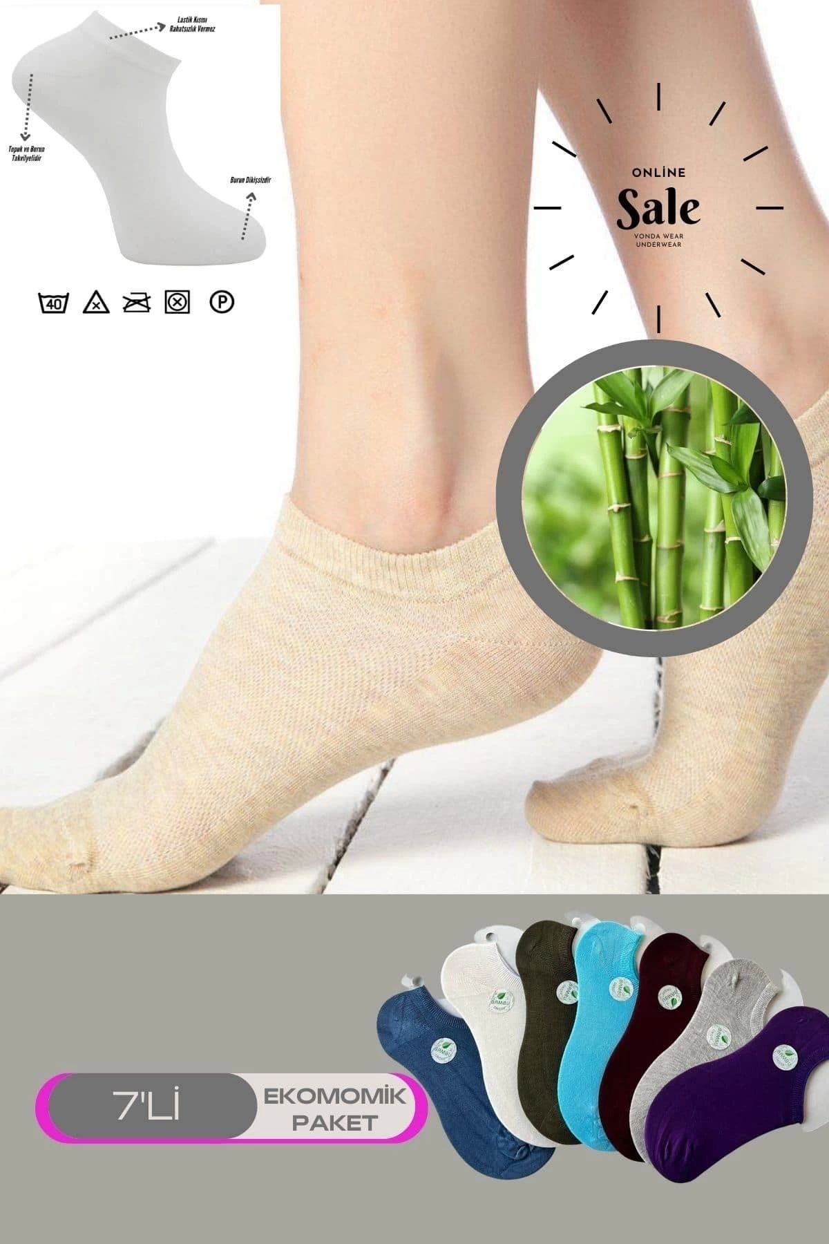 Nemere Çok Rekli 7 li Bambu Topuk Burun Dikişsiz Takviyeli Kadın Sneakers Çorap 1005-ÇokRekli-7li