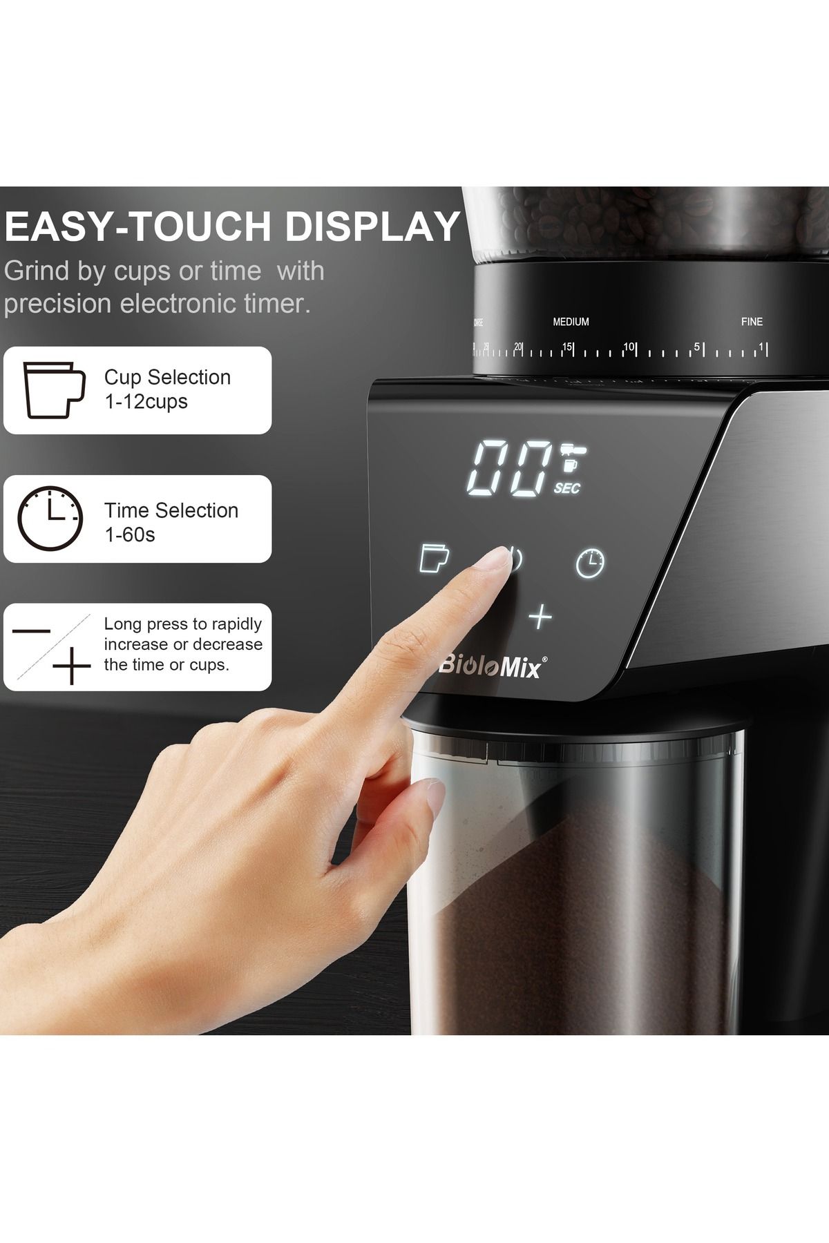BioloMix-12-Cup Electric Coffee Grinder - 30 Precise Settings, 2-in-1 Design, Large Capacity for All Brews 3