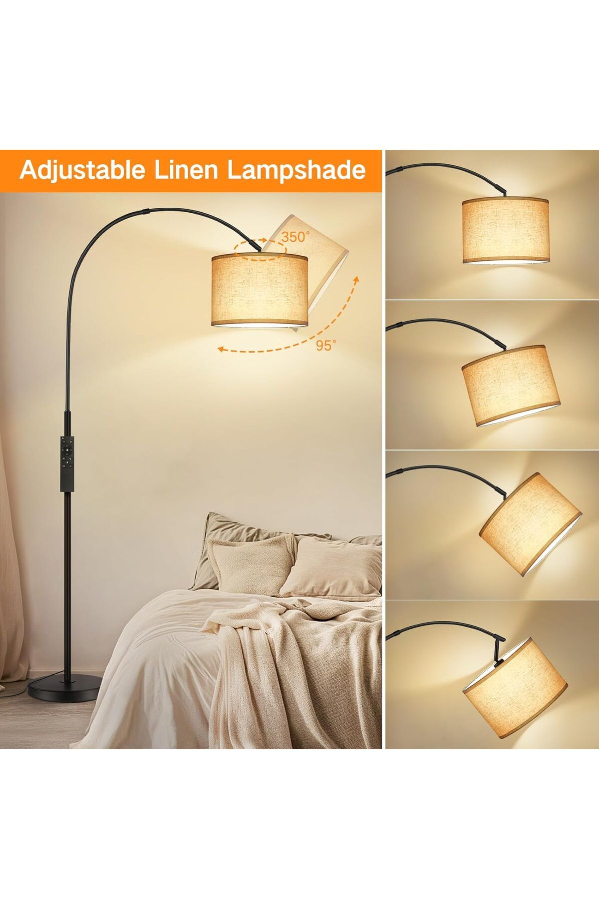 COOYA-Arc Floor Lamp, with Remote Control, 4 Colour Temperature Dimmable, 9W LED Bulb Included 3