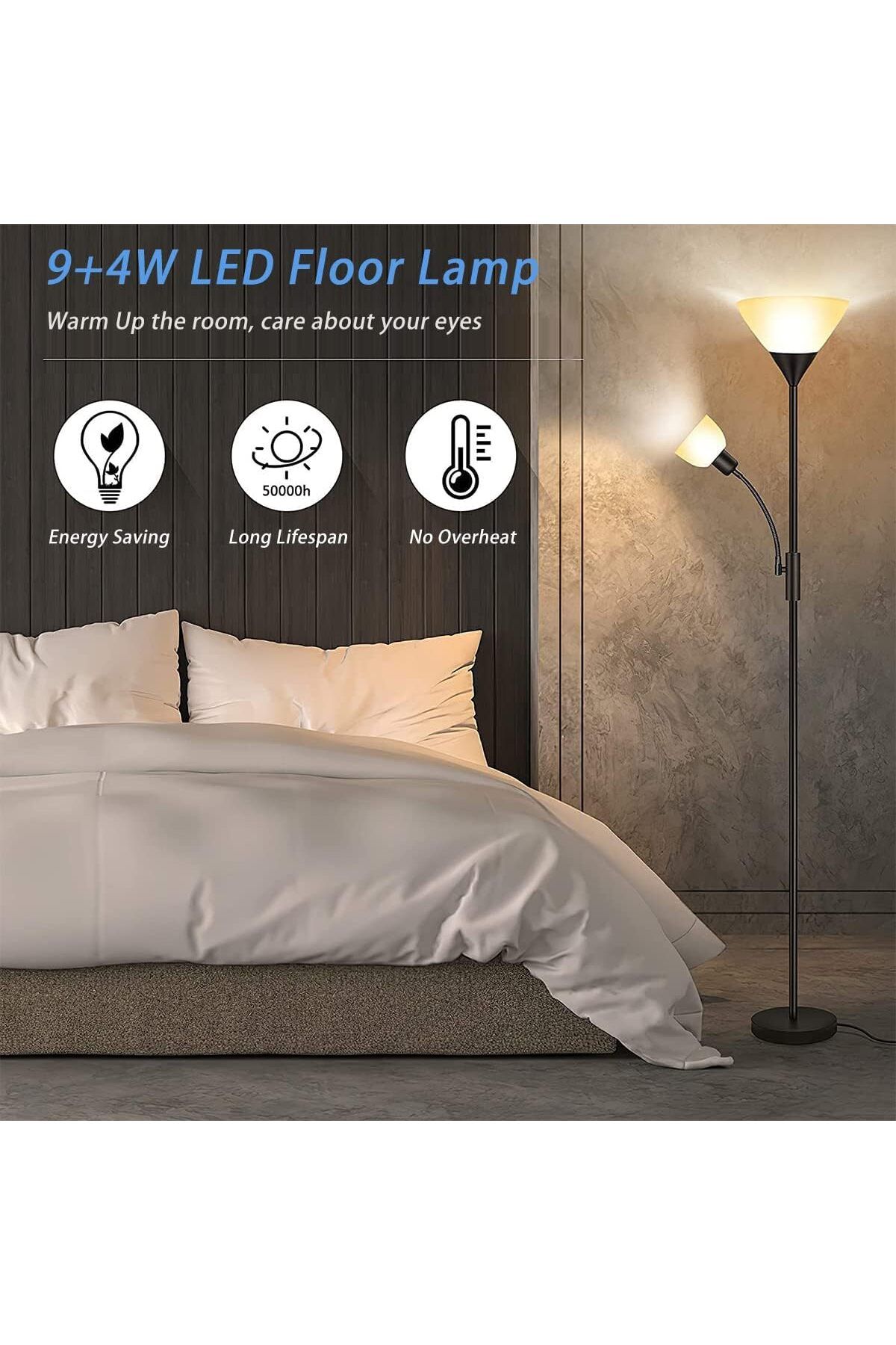 COOYA-12W LED Floor Lamp, Vertical Light with Double Lights, with Adjustable Reading Light, 2-Way Switch 5