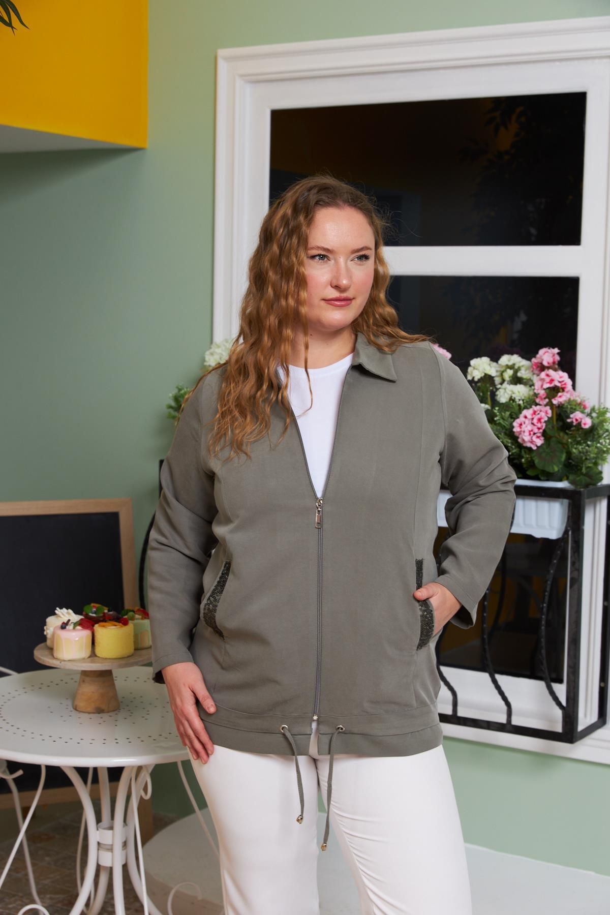 RMG-Large Size Jacket Khaki - Pocket Sequin and Detail Style 4