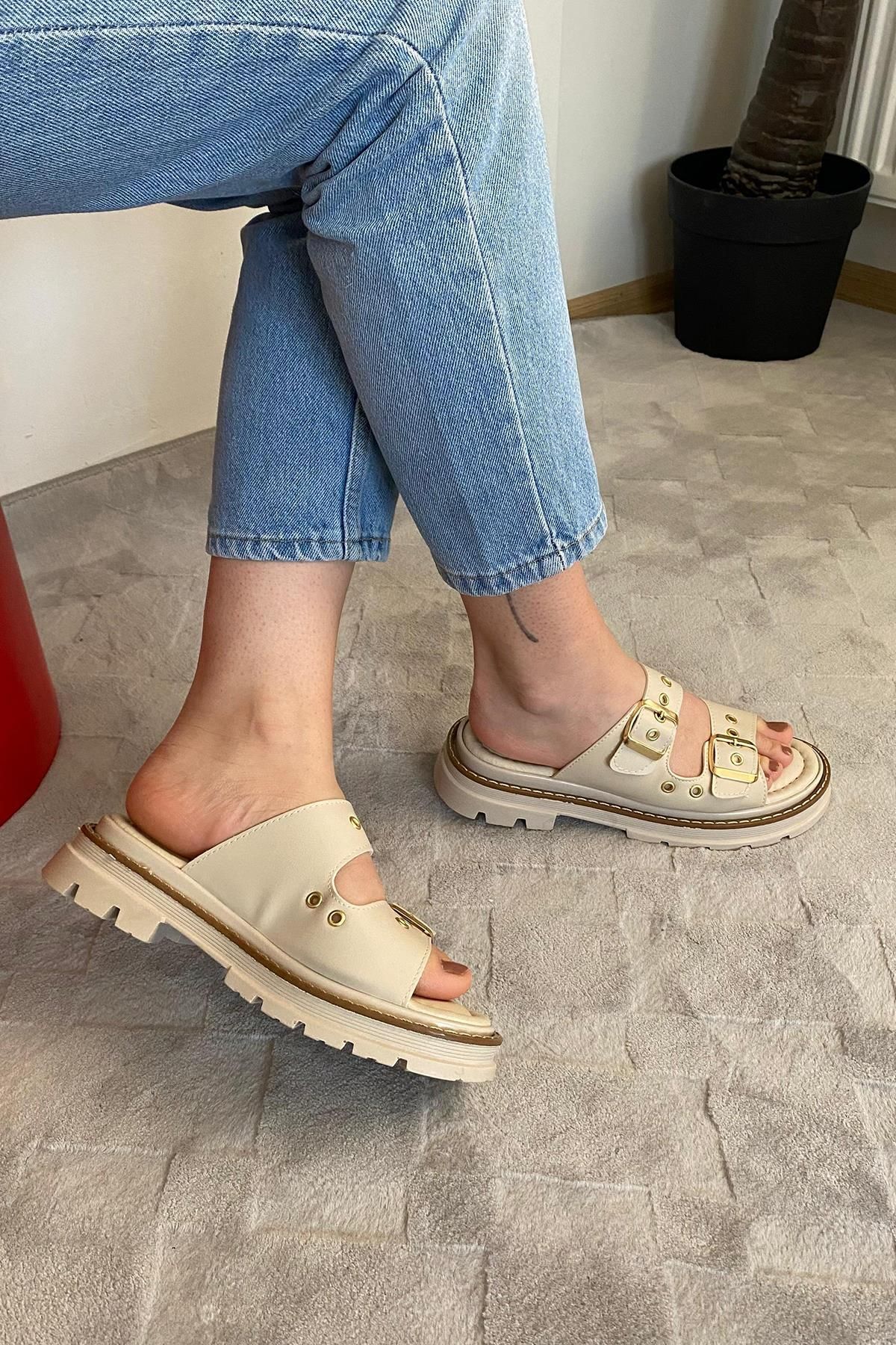 Preshley-Women's Orthopedic Sandals Slippers K-100 Beige Double Banded Thick Sole Related Profile Production 5