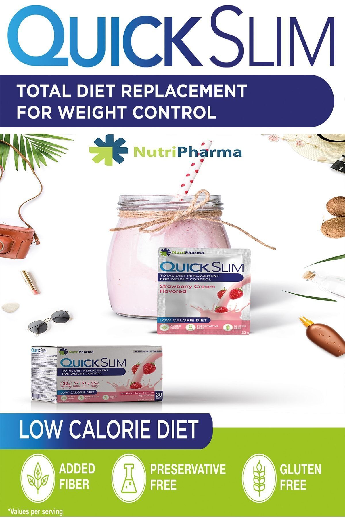 NUTRIPHARMA QUICK SLIM-Quick Slim Diet Shake - 30 Sachets - High Protein Meal Powder - Strawberry Flavor 5