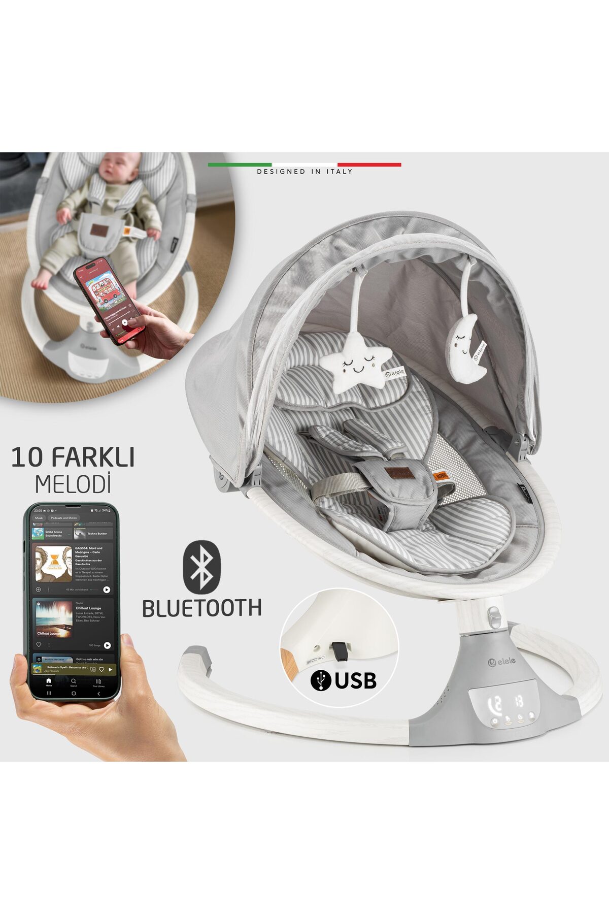 Elele Amore 2 Elektrikli Otomatik Sallanan Ana Kucağı Kademeli Gri fotoğrafı 4 (önizleme)