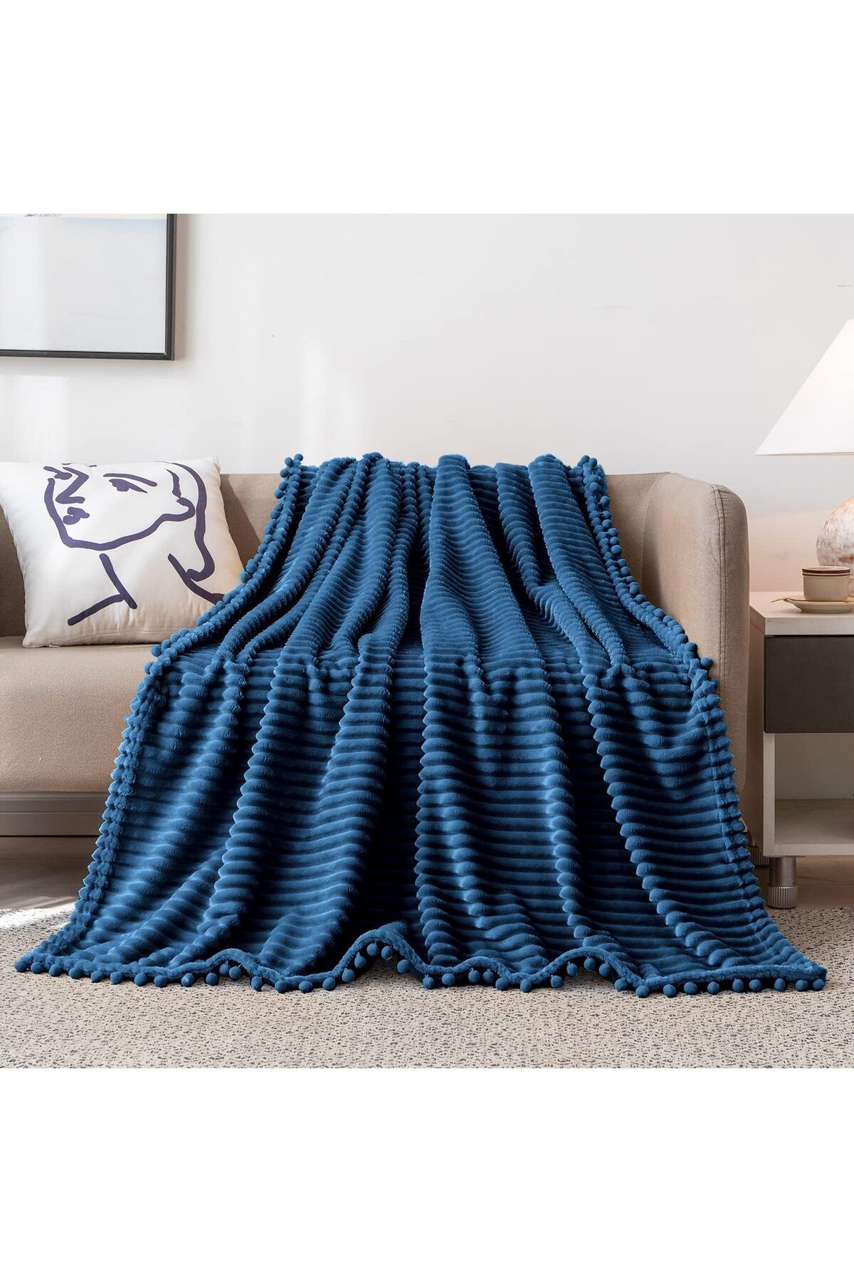 COOYA-Fleece Blanket Twin Size – 51x63, Blue with Pompom Fringe - Flannel Blanket Throw Blanket 2