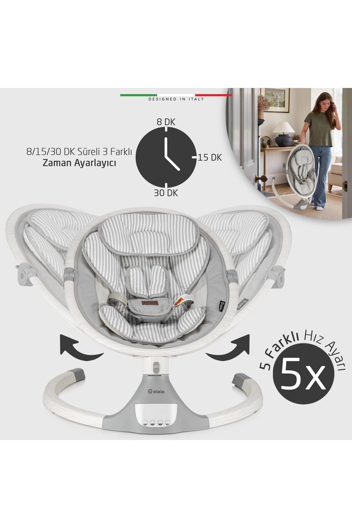 Elele Amore 2 Elektrikli Otomatik Sallanan Ana Kucağı Kademeli Gri fotoğrafı 5 (önizleme)