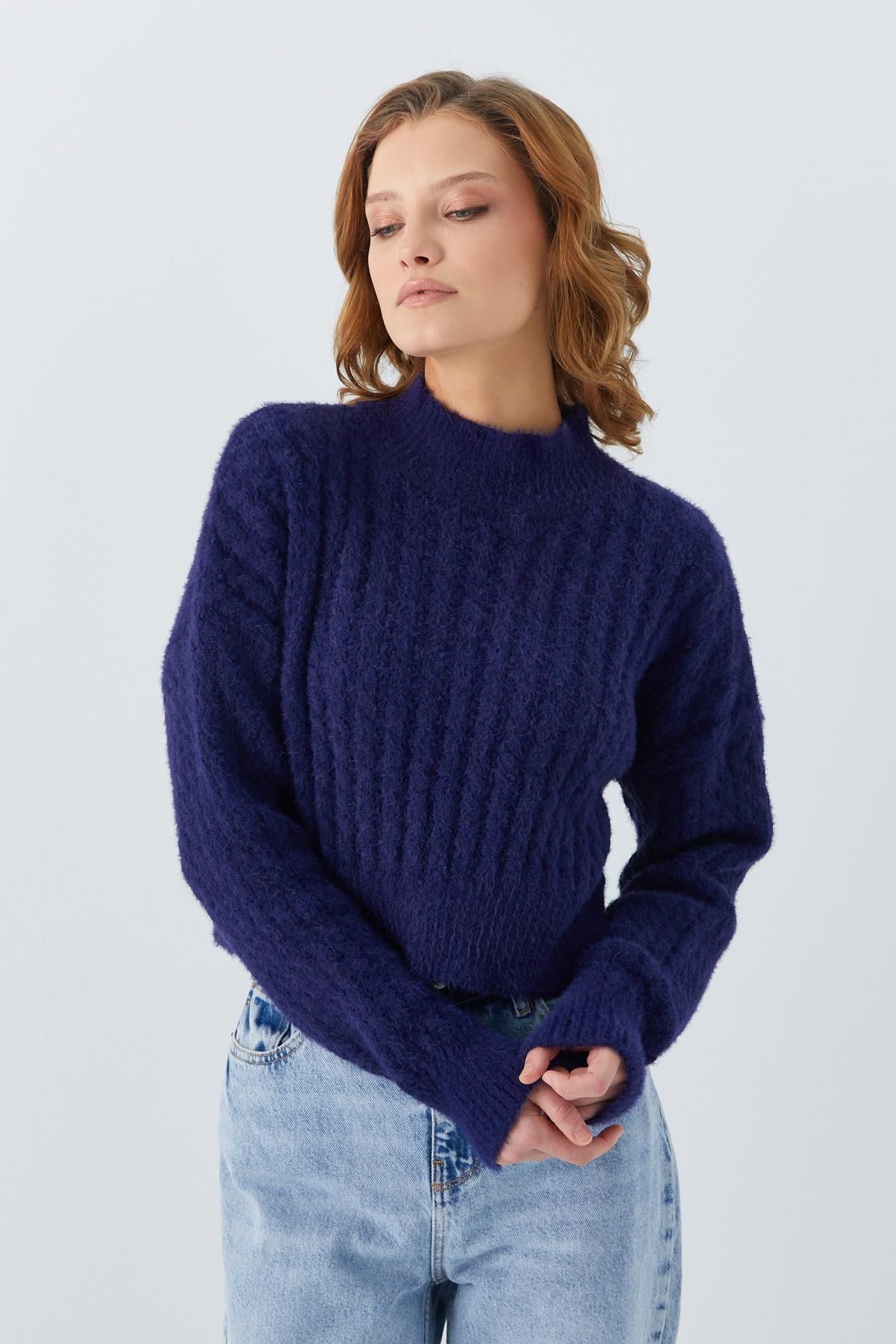 Mixray-6893 Pulover de tricotaj cu barbă împletită de păr pentru femei, albastru bleumarin 5