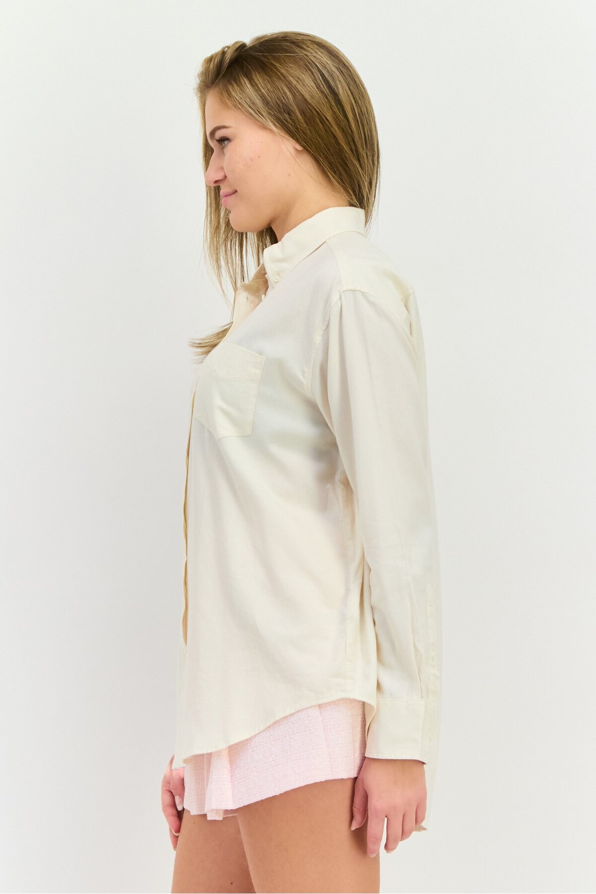 Gant-Women Button Down Collar Long Sleeves Solid Shirt, Cream 3