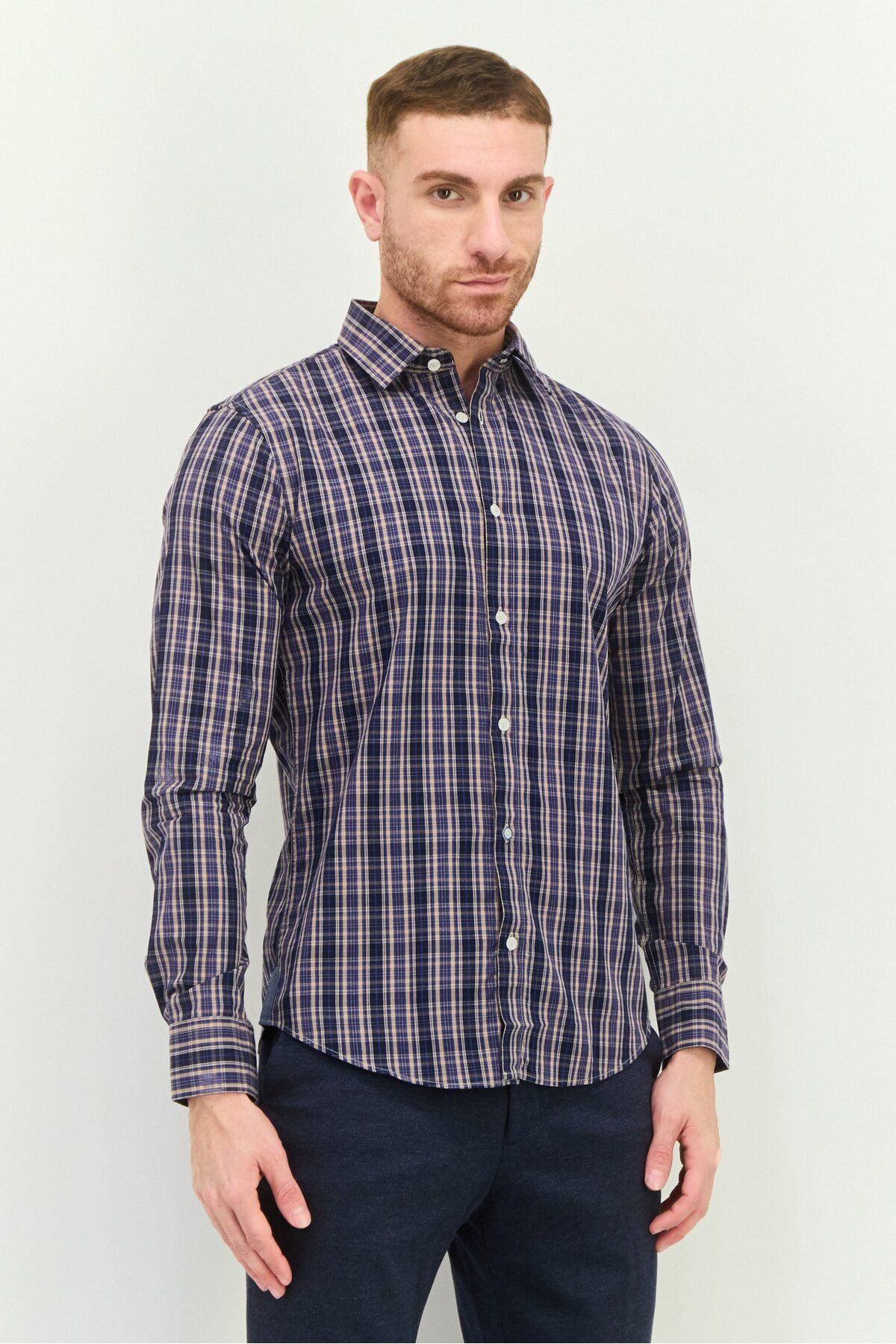 GAS-Men Regular Fit Checkered Long Sleeve Casual Shirt, Navy/Black Combo 1