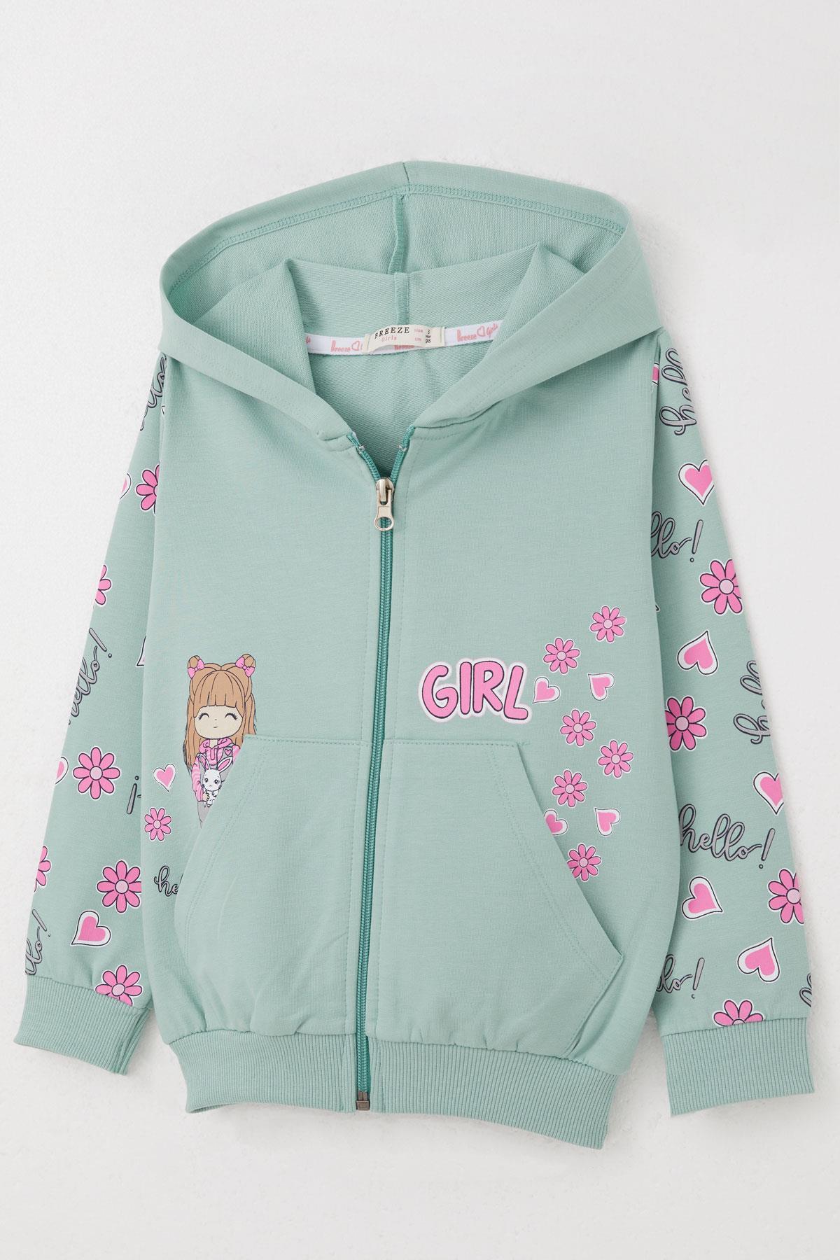 Breeze Kız Çocuk Hırka Sevimli Kız Baskılı Kolları Çiçek & Kalp Desenli 1-4 Yaş, Su Yeşili fotoğrafı 3 (önizleme)